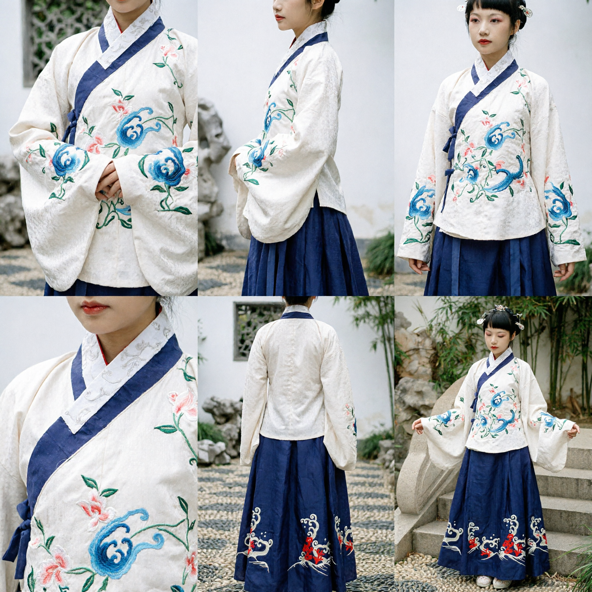 Traditionelles Chinesisches Hanfu Ming-Dynastie-Stil Weiße Bestickte Bluse und Dunkelblauer Rock-Set für Frauen - Asian Costume