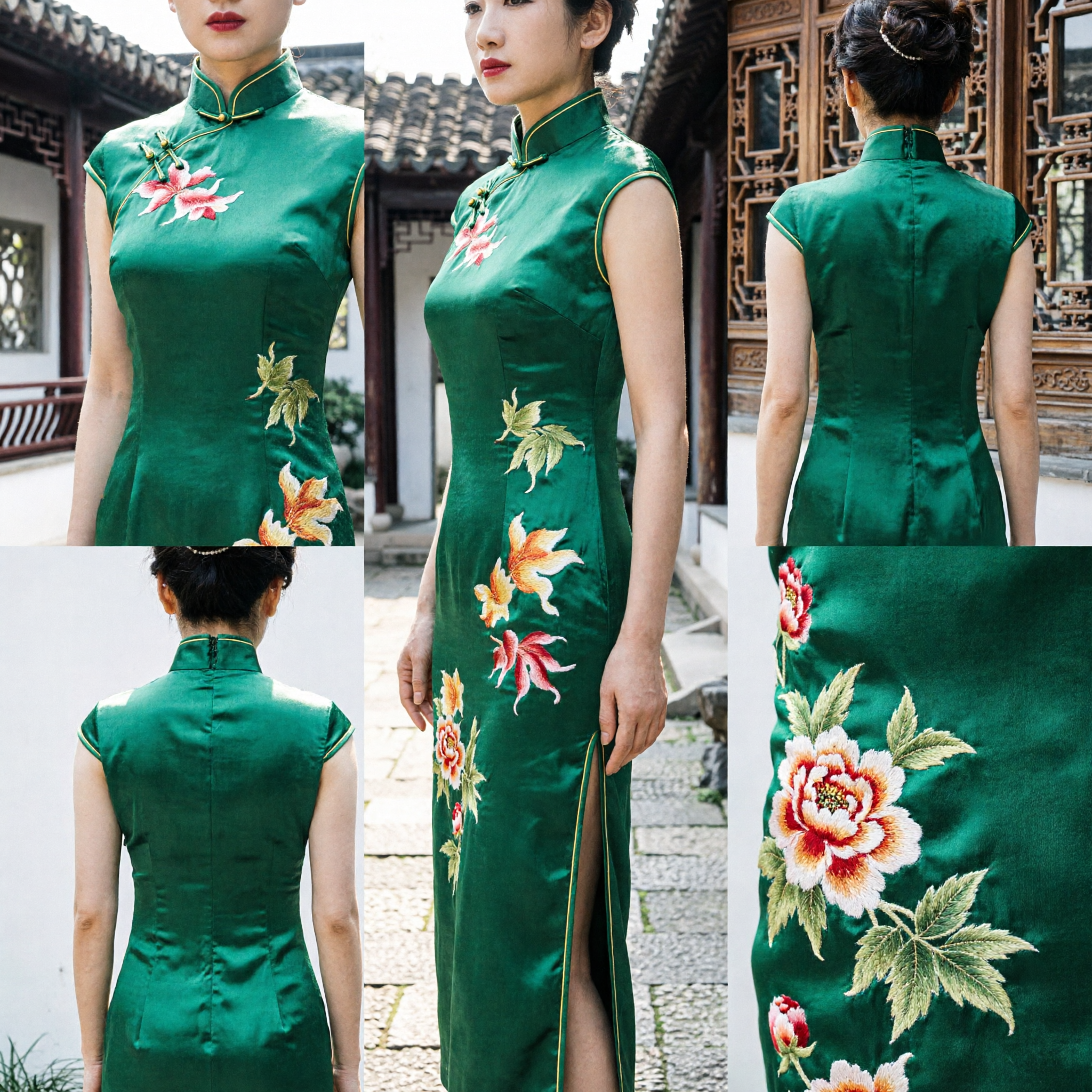 Women's Green Silk Cheongsam Dress Traditional Chinese Qipao with Floral Embroidery Sleeveless Formal Evening Gown - Asian Costume
