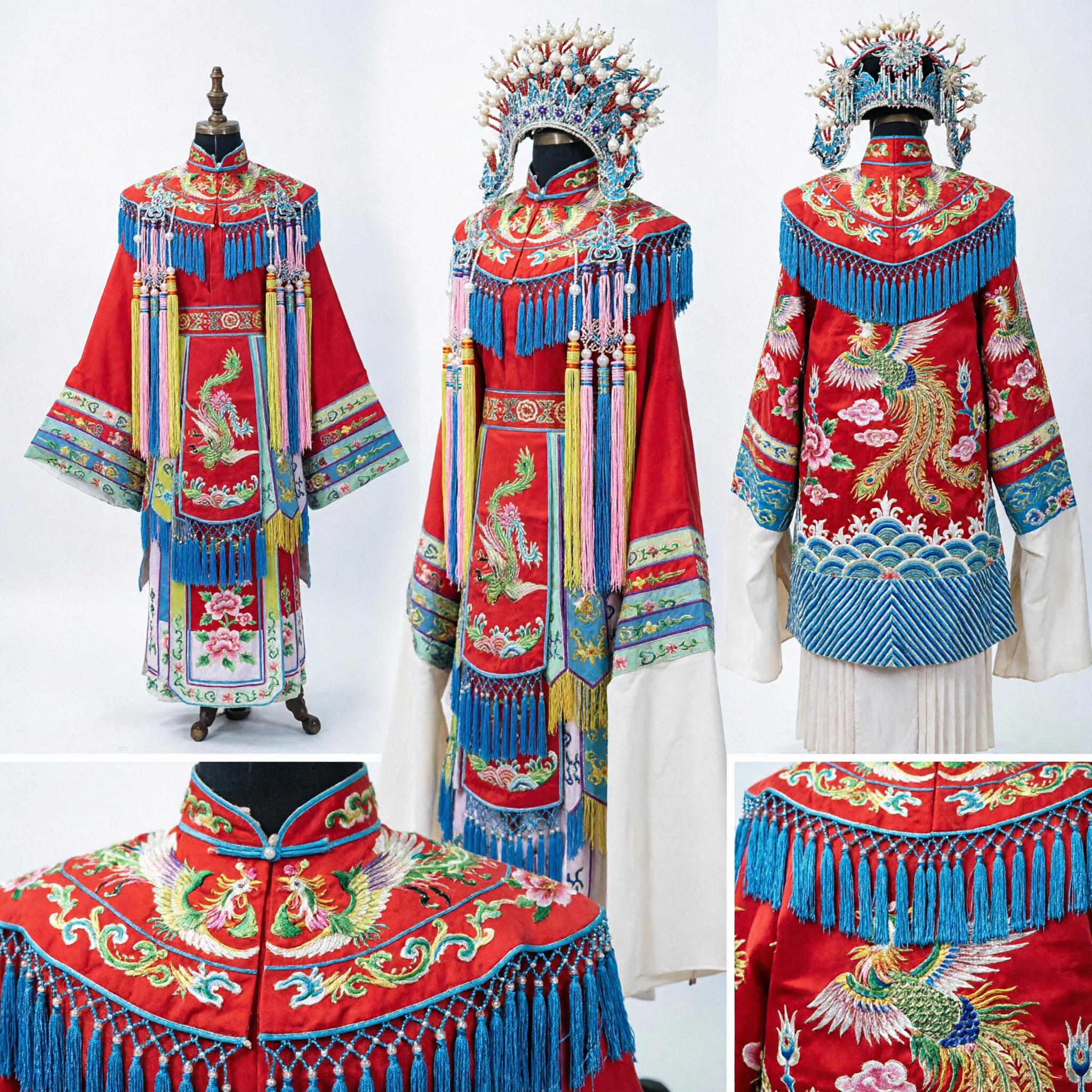 Chinese Peking Opera Female General Costume Complete Set with Pink Embroidered Robe and Pearl Headdress - Asian Costume