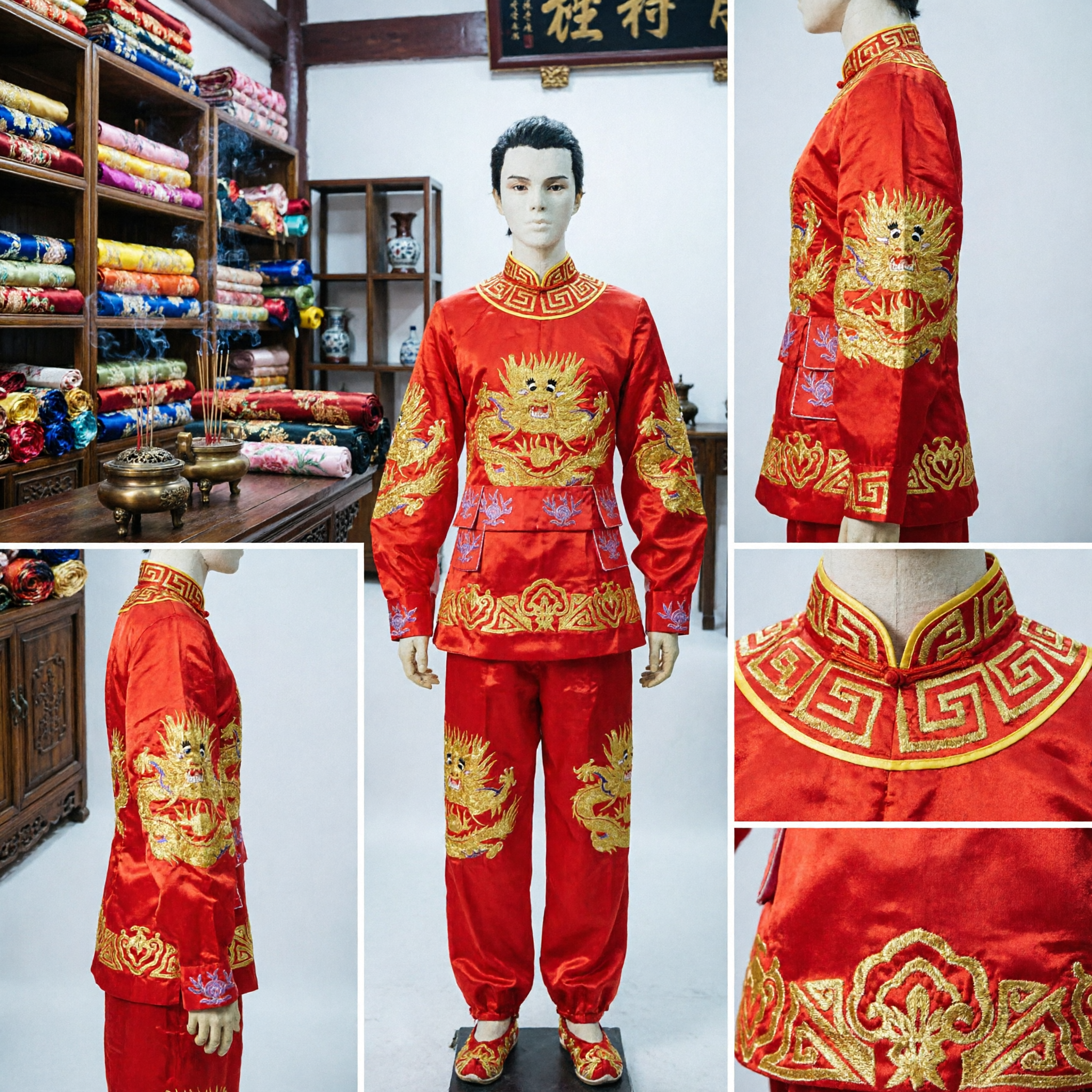 Traje Tradicional Chinês Tang Suit Vermelho para Homens com Bordado de Dragão Dourado, Traje de Dança do Leão de Kung Fu e Artes Marciais - Asian Costume