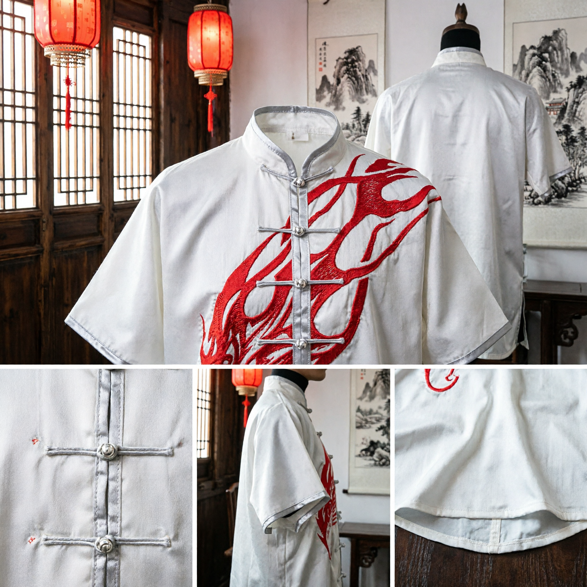 Mannen Wit Traditioneel Kung Fu Uniform Set met Rode Vlammenontwerp voor Tai Chi en Martial Arts - Asian Costume