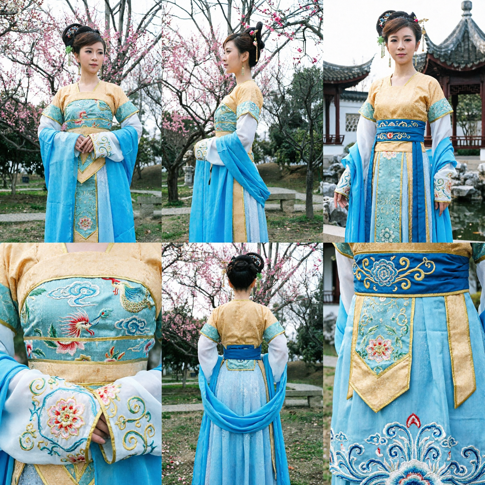 Costume da principessa del palazzo antico cinese, Hanfu giallo e blu per donne per spettacoli di danza teatrale - Asian Costume