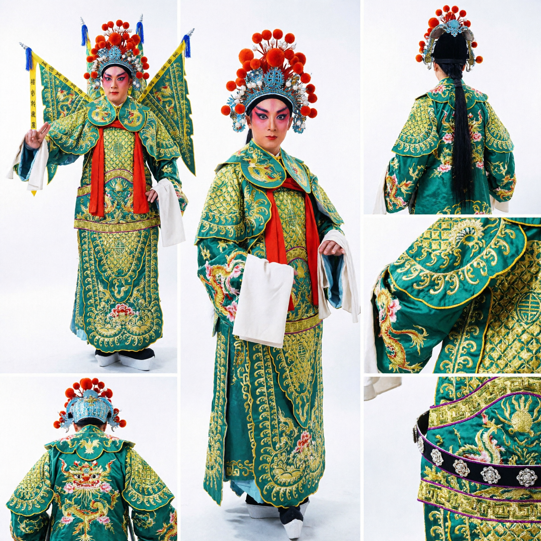 Traditional Chinese Peking Opera General Costume Green Embroidered Armor with Flags and Headdress for Men Performance - Asian Costume