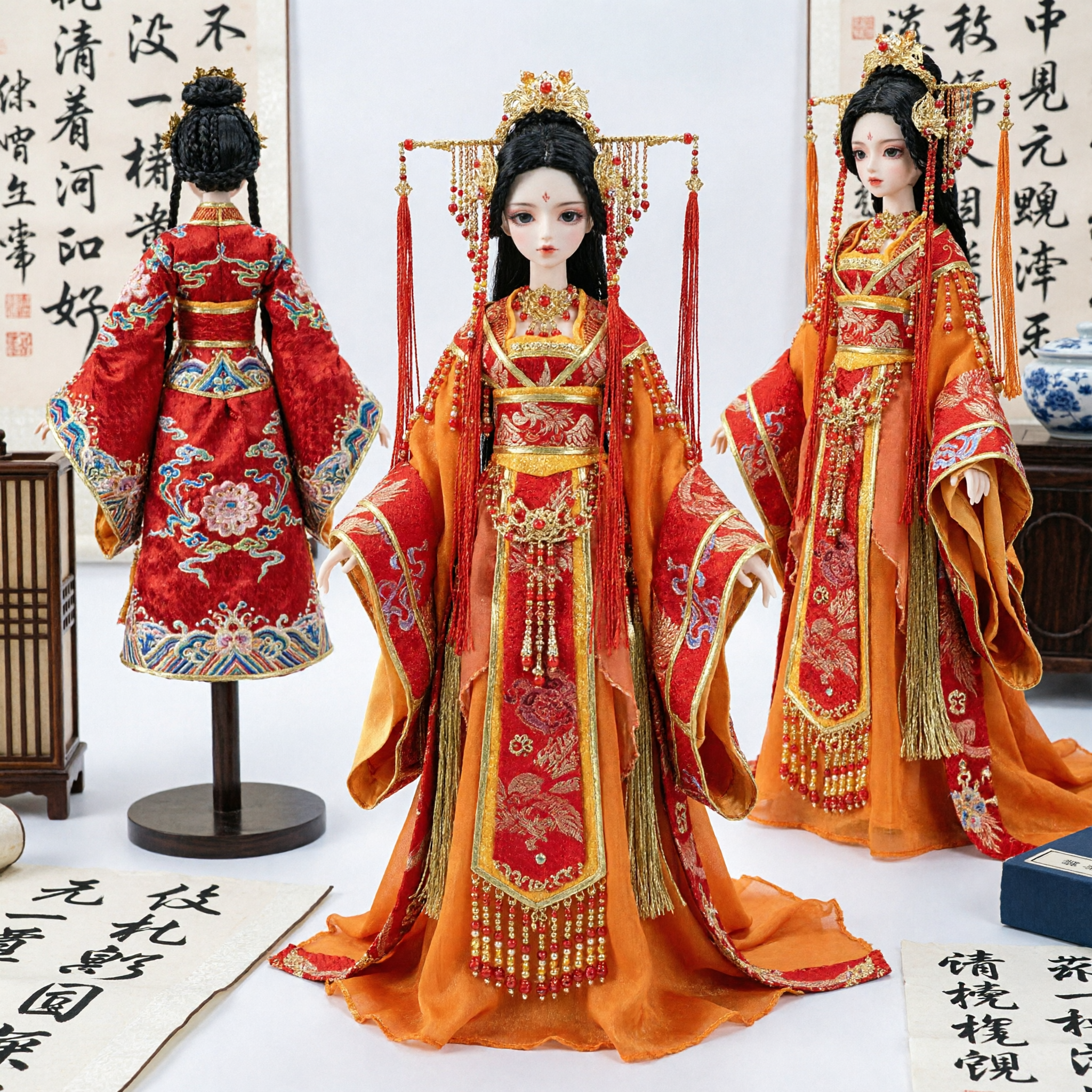 Exquisito Traje Tradicional Chino de Princesa Antigua Hanfu Rojo y Dorado para Muñecas Estilo Dinastía Tang - Asian Costume