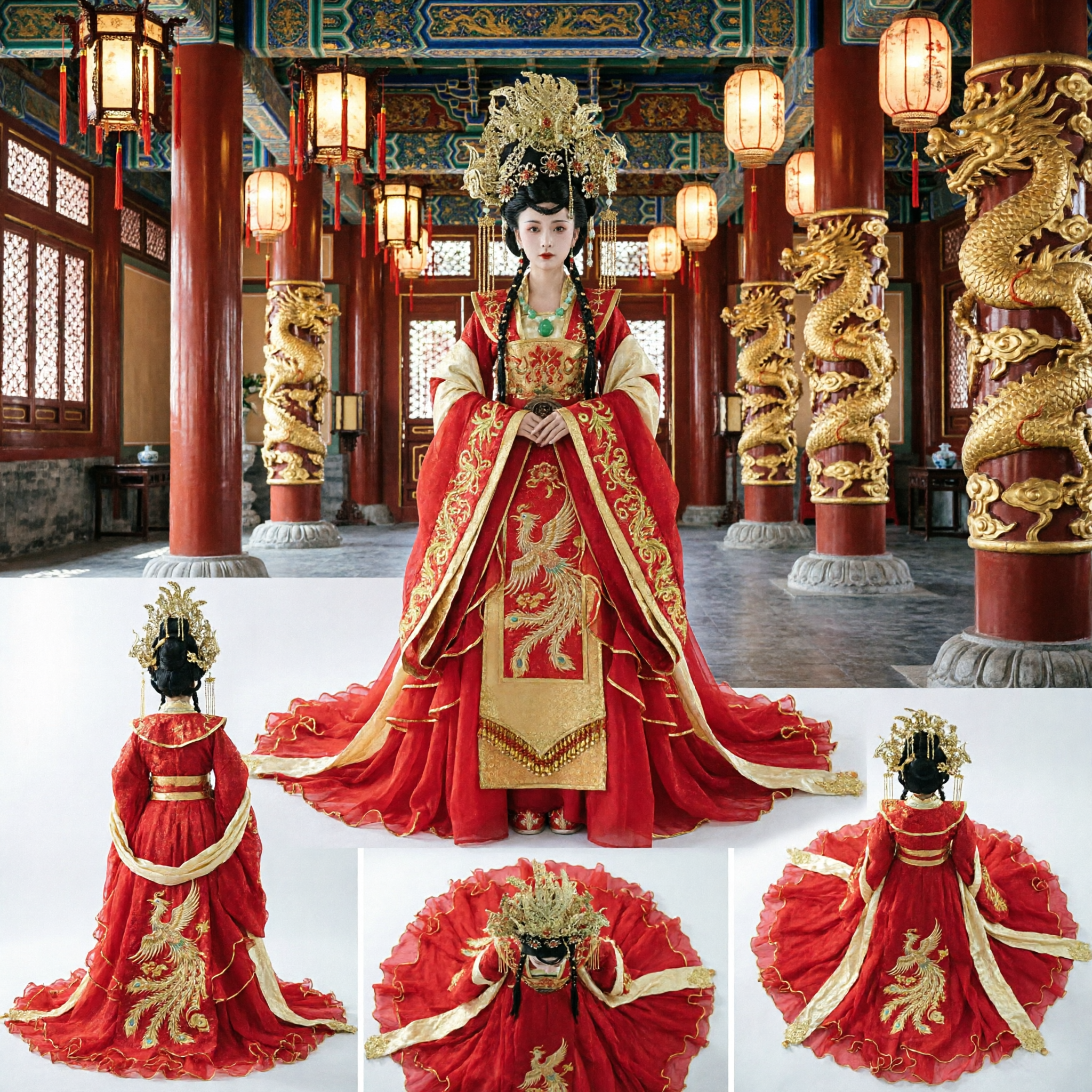 Traditionelles chinesisches Hochzeitskleid, antikes Hanfu-Rotes Kleid mit Phönix-Kronen-Kopfschmuck für Brautauftritte - Asian Costume