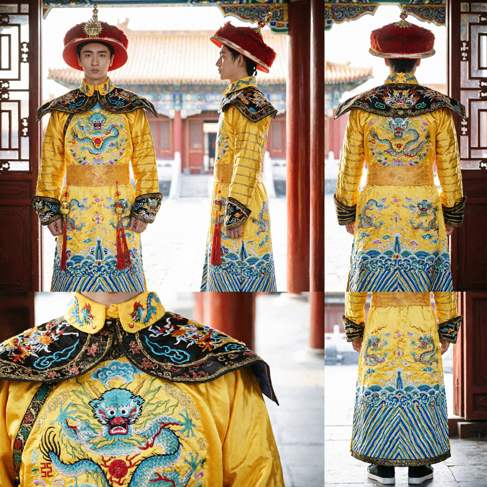 Costume da Imperatore Antico Cinese per Ragazzi Veste Gialla con Drago Stile Principe Dinastia Qing per Cosplay Bambini - Asian Costume
