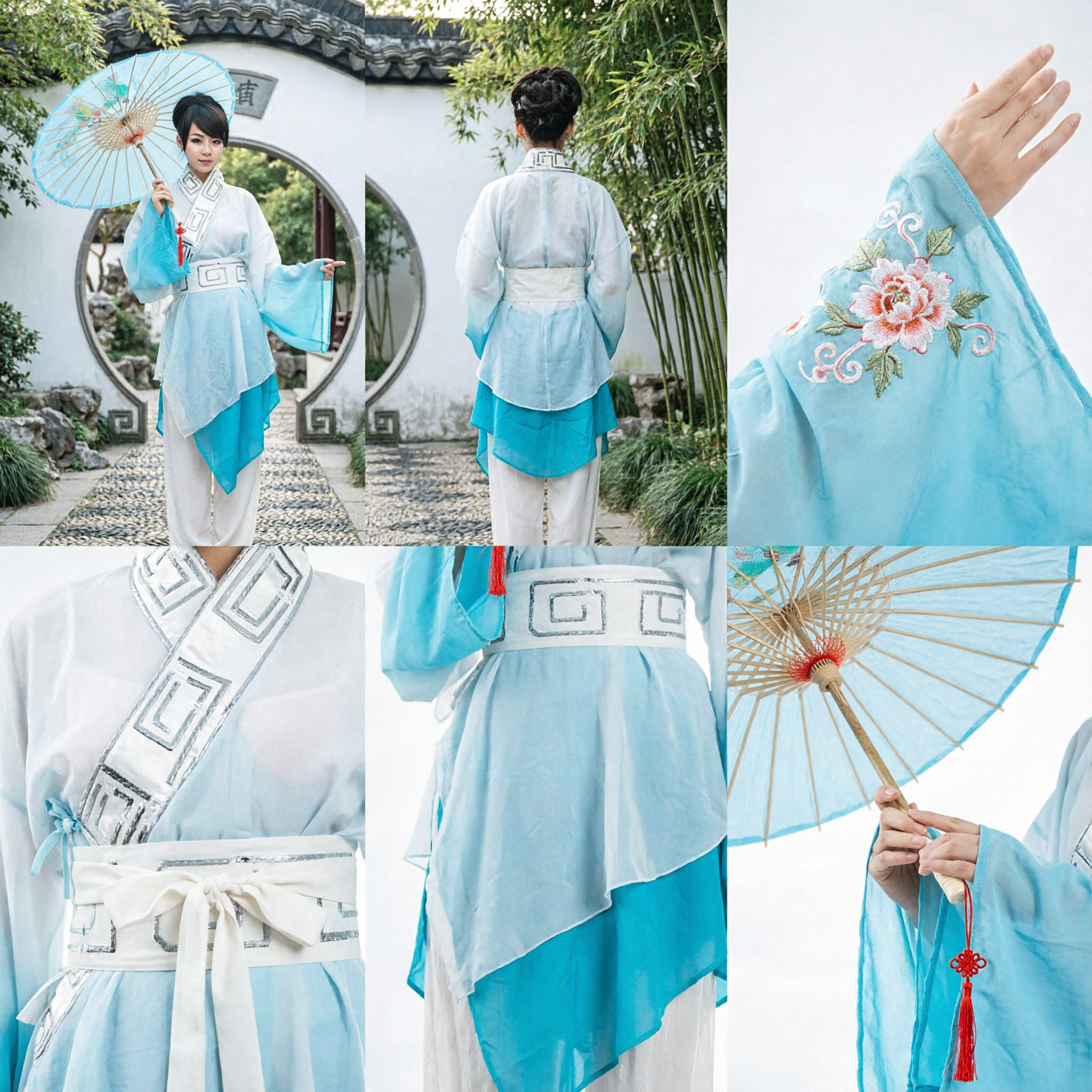 Traditionelles chinesisches Hanfu-Antikgelehrten-Kostümset mit blauem Regenschirm für Cosplay und Bühnenauftritte - Asian Costume