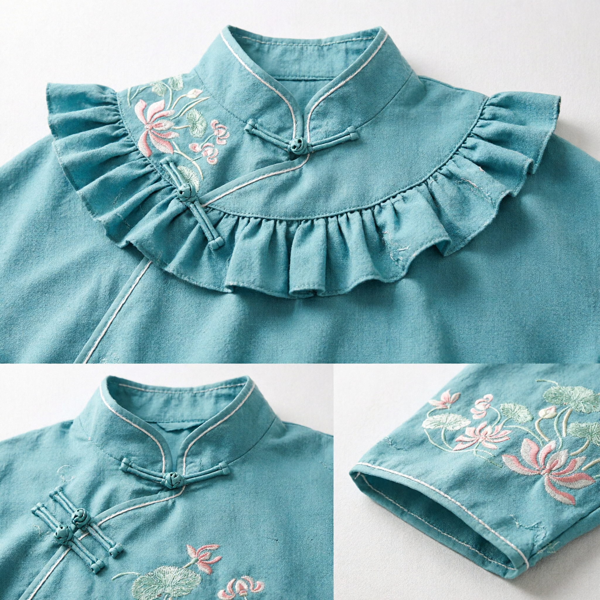 Traditional Chinese Silk Drawstring Pouch with Lotus Embroidery Teal Blue Jewelry Storage Bag Gift Pouch - Asian Costume