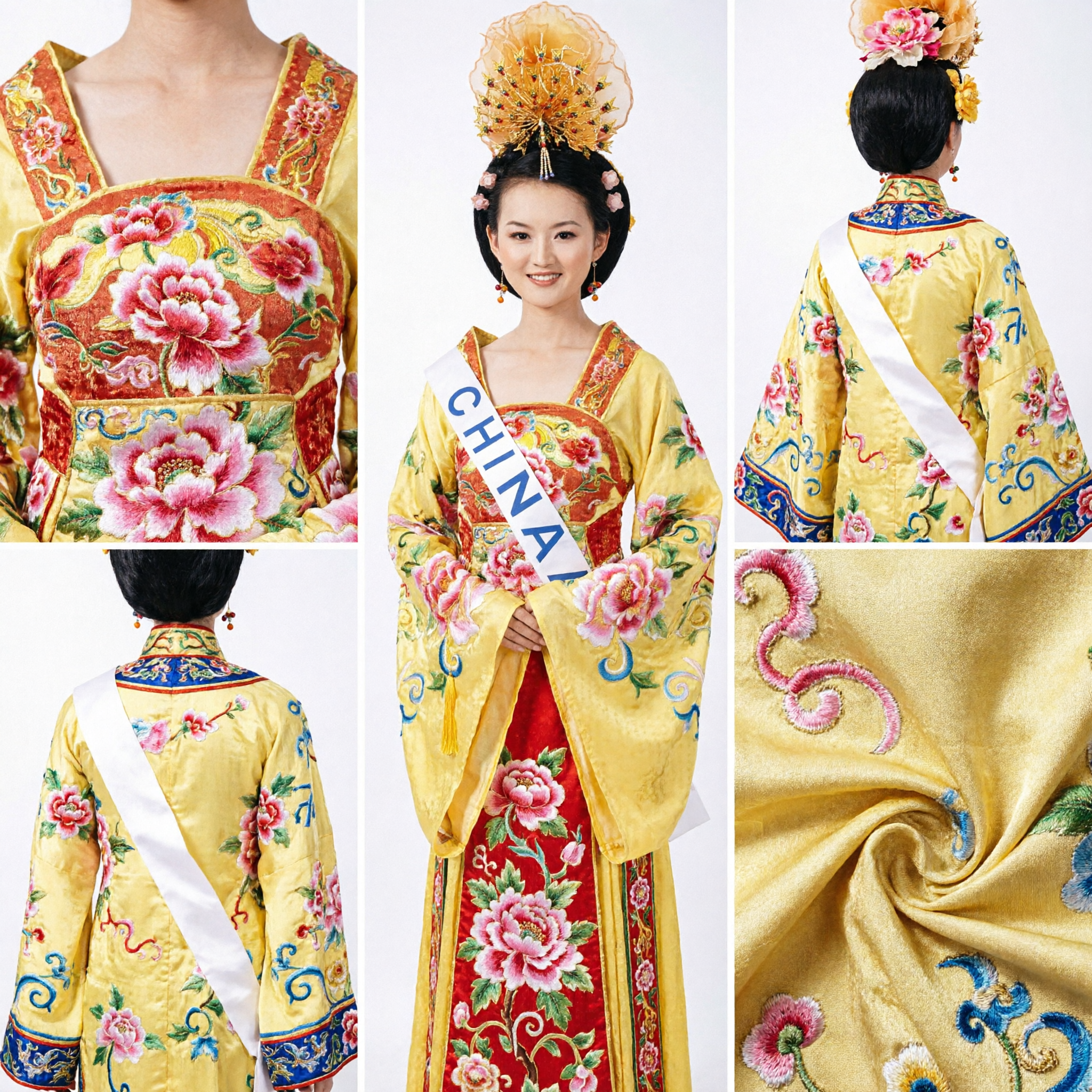 Chinees Traditioneel Hanfu Tang-dynastie Paleisdamekostuum met Gouden Hoofdtooi voor Schoonheidswedstrijdoptreden - Asian Costume
