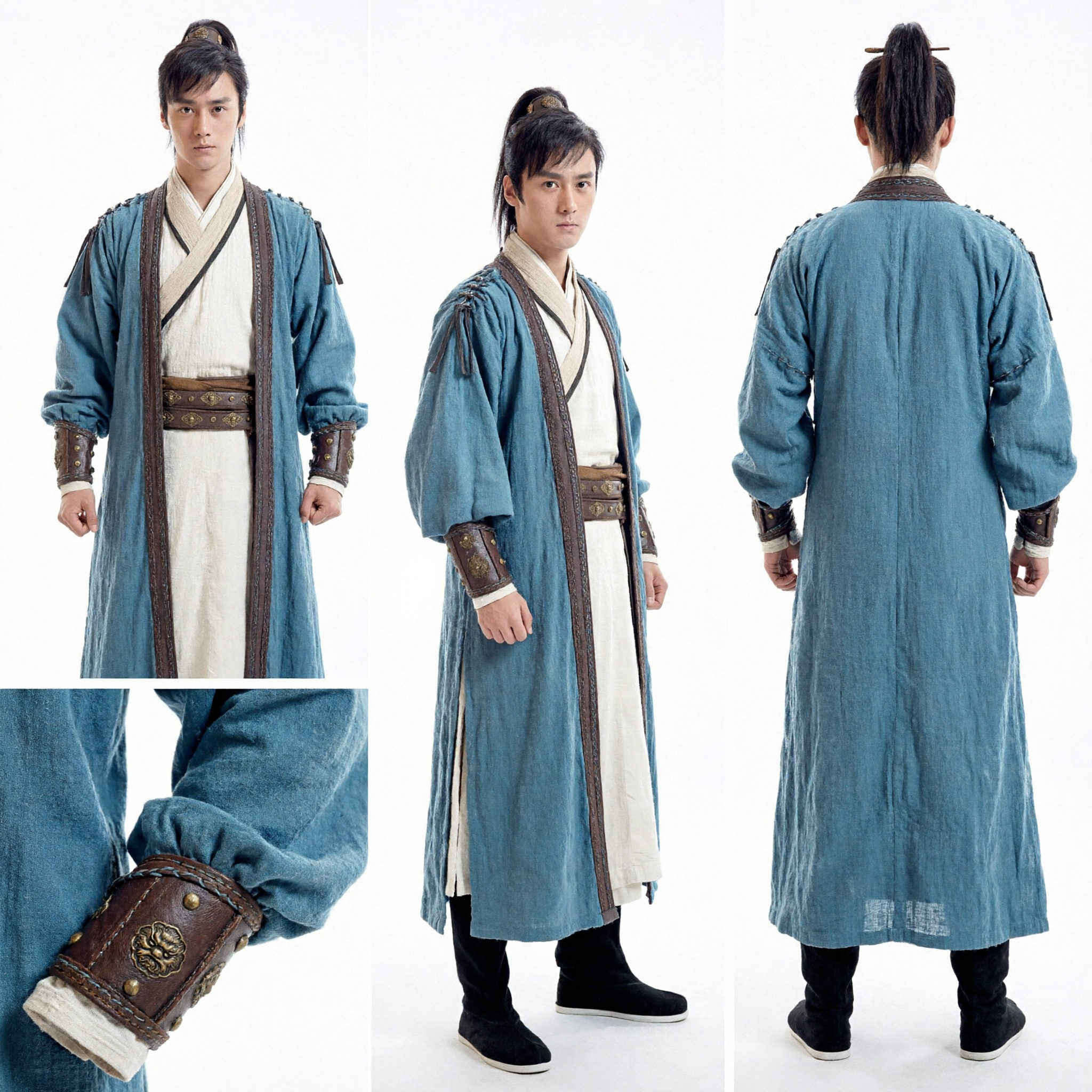 Ancient Chinese Wuxia Swordsman Hanfu Costume Blue Robe Men Martial Arts Cosplay Outfit Set - Asian Costume