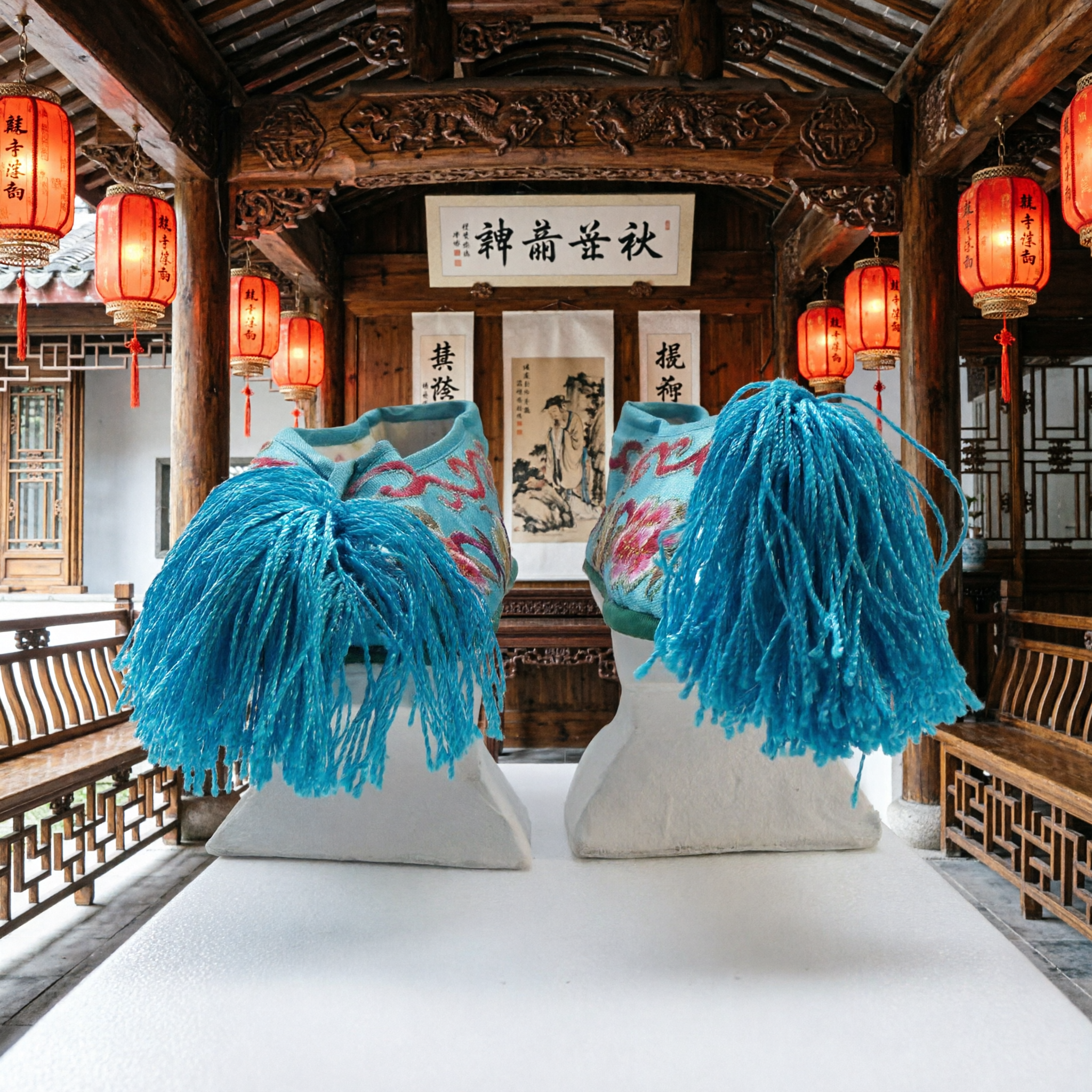 Tradycyjne chińskie niebieskie buty z frędzlami, haftowane kwiatowe buty z tkaniny do występów operowych, tańca w kostiumach Hanfu dla kobiet i dziewcząt - Asian Costume