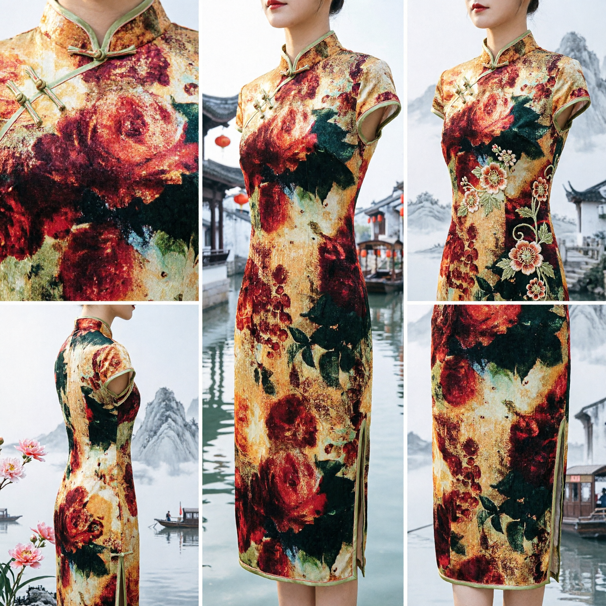Vestito tradizionale cinese floreale Qipao da donna, elegante Cheongsam in broccato per banchetti nuziali e feste - Asian Costume