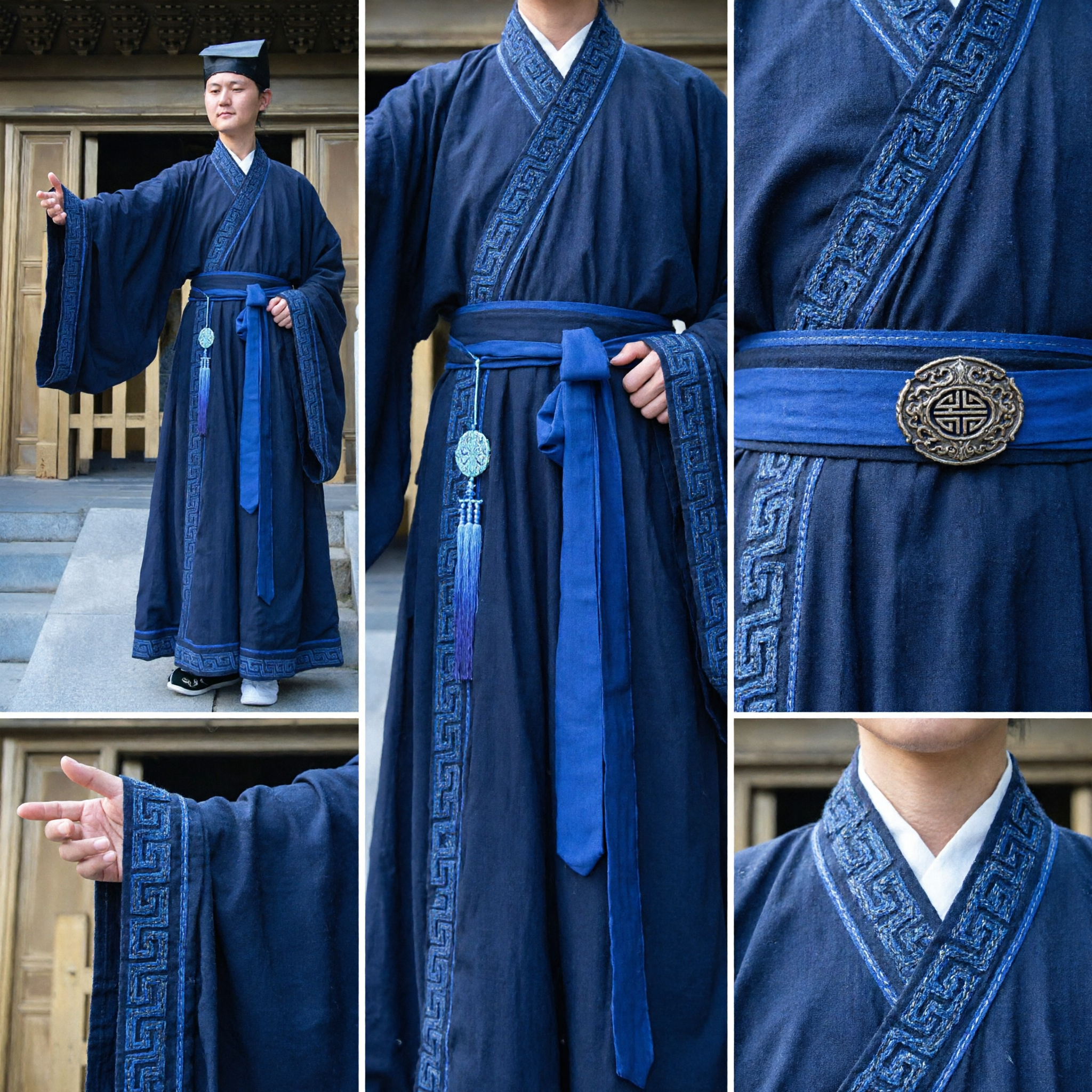 Männer-Traditionelles Chinesisches Hanfu Blaues Gelehrtengewand Antikes Kostüm mit Hut für Cosplay und Aufführung - Asian Costume
