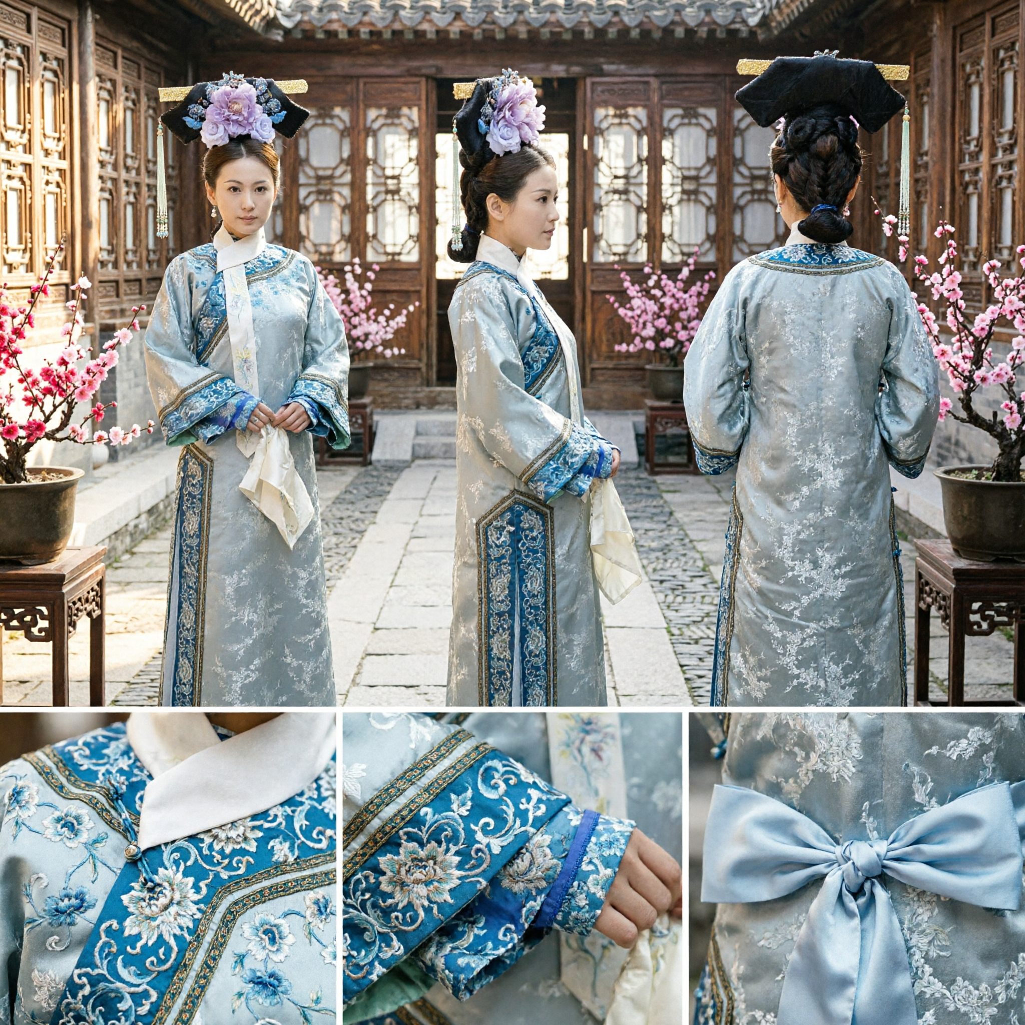 완전한 전통 중국 청나라 만주 공주 의상 고궁 드라마 드레스 (머리장식 포함) 여성용 - Asian Costume