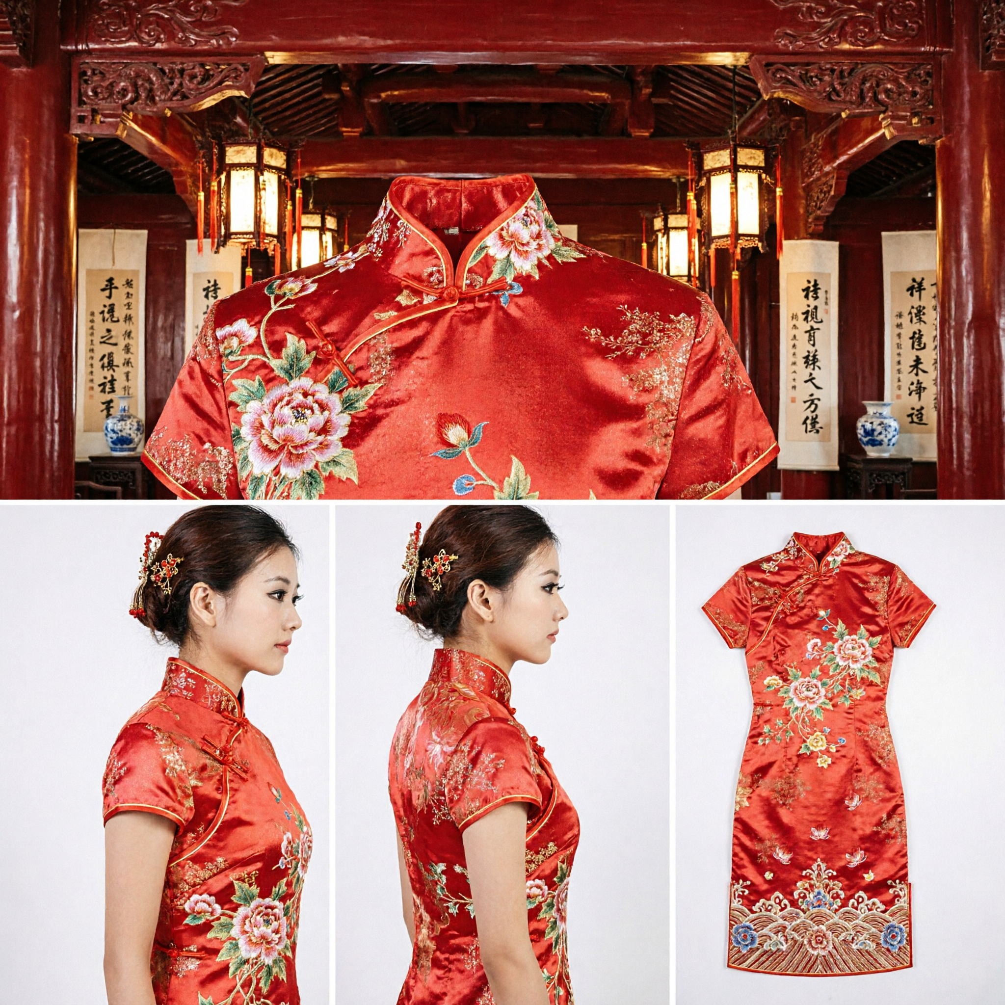 Pettine Nuziale Tradizionale Cinese Accessorio con Fenice Dorata Cristalli Rossi e Nappe per Sposa Qipao Hanfu - Asian Costume