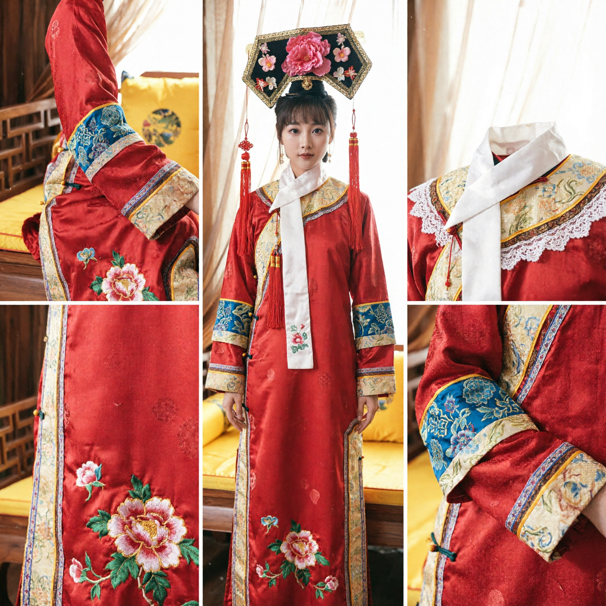Costume Traditionnel Chinois de l'Impératrice Mandchoue de la Dynastie Qing, Robe Rouge Brodée avec Coiffe Florale pour Femmes - Asian Costume