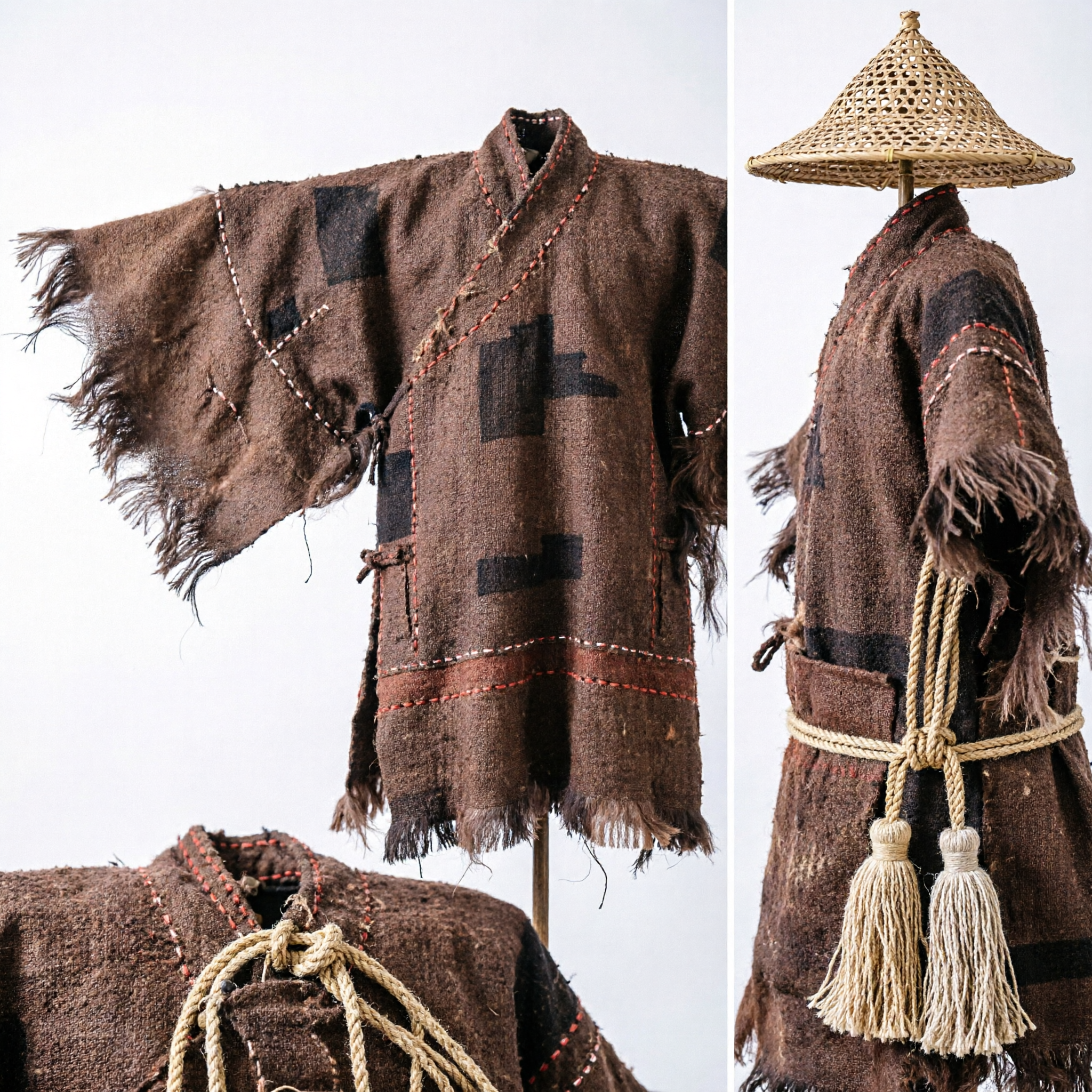 Traditional Chinese Palm Fiber Rain Cape Cloak and Woven Bamboo Hat Ancient Folk Costume Cosplay Prop - Asian Costume