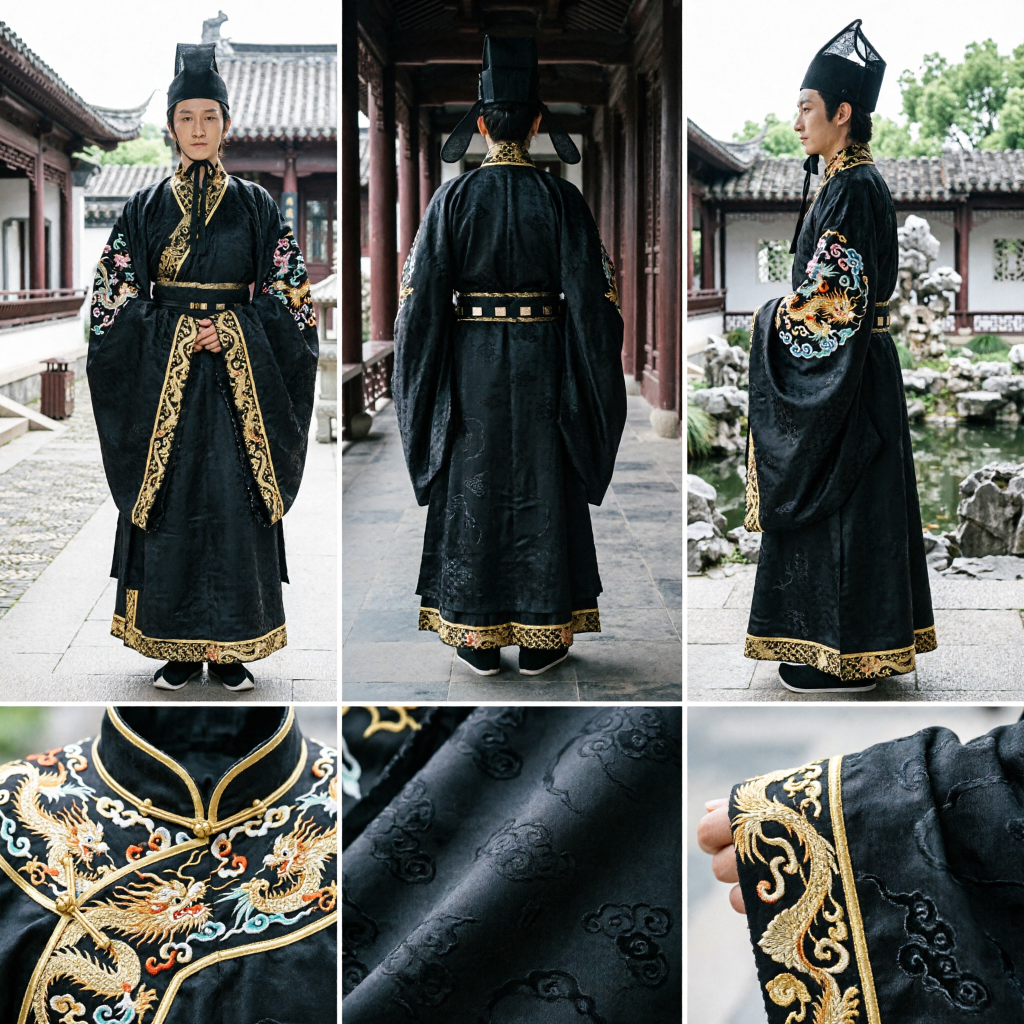 Men's Ancient Chinese Black Hanfu Costume Traditional Official Robe with Gold Embroidery for Cosplay - Asian Costume