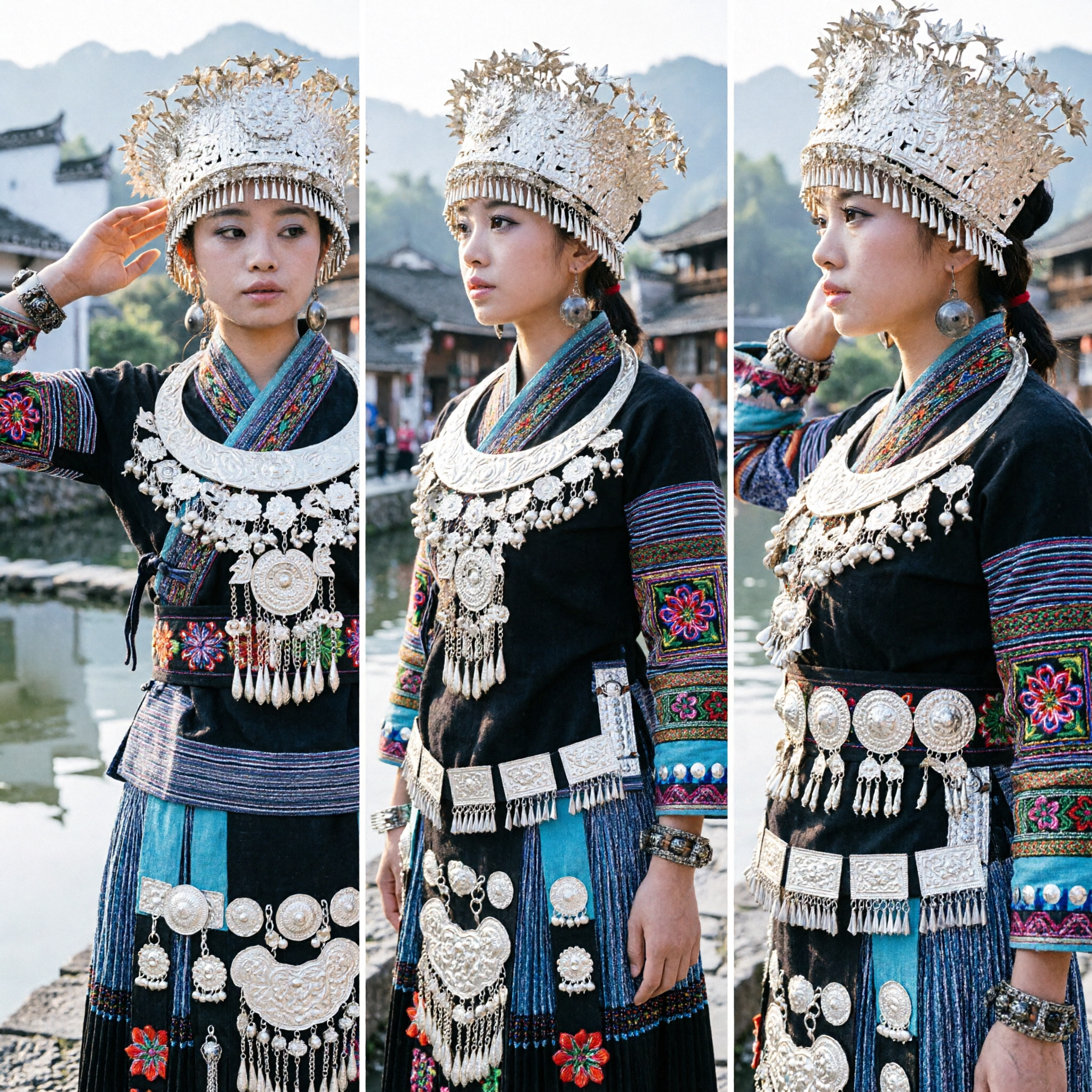 Traditional Miao Ethnic Silver Headdress and Embroidered Costume Complete Set for Women Folk Dance Performance - Asian Costume