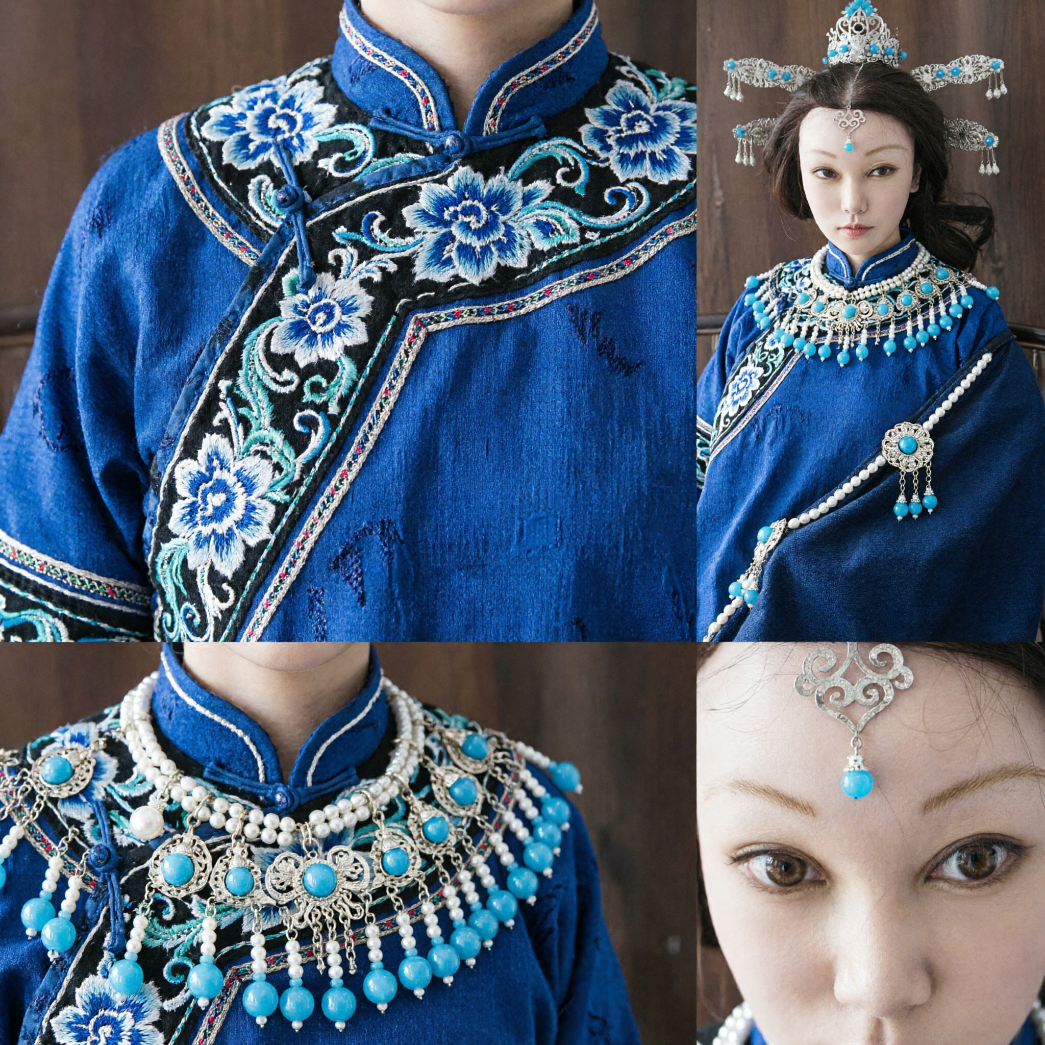 Conjunto de Accesorios para el Cabello Hanfu Tradicional Chino, Corona de Filigrana de Plata con Cuentas Azules para Boda - Asian Costume