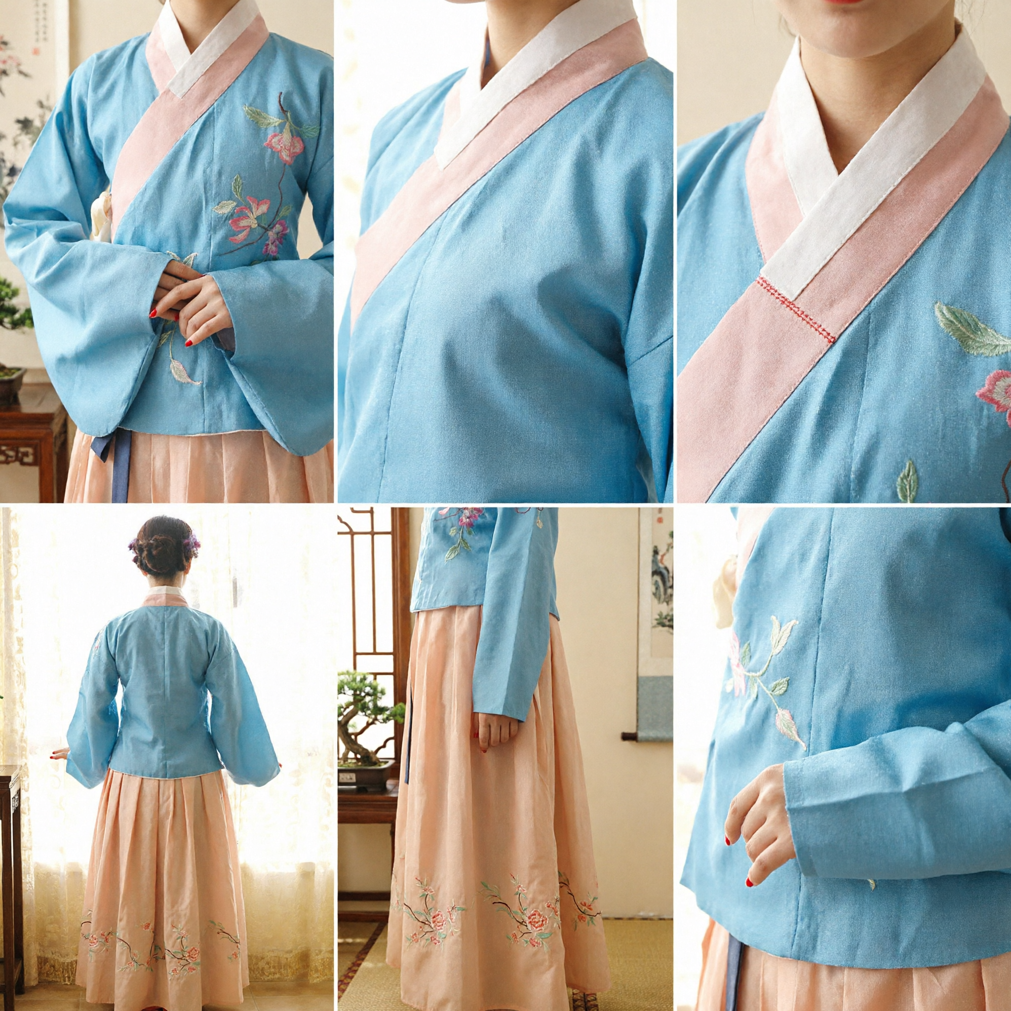 Traditional Korean Hanbok Dress for Women Light Blue Jeogori and Peach Chima Floral Embroidery Palace Costume - Asian Costume