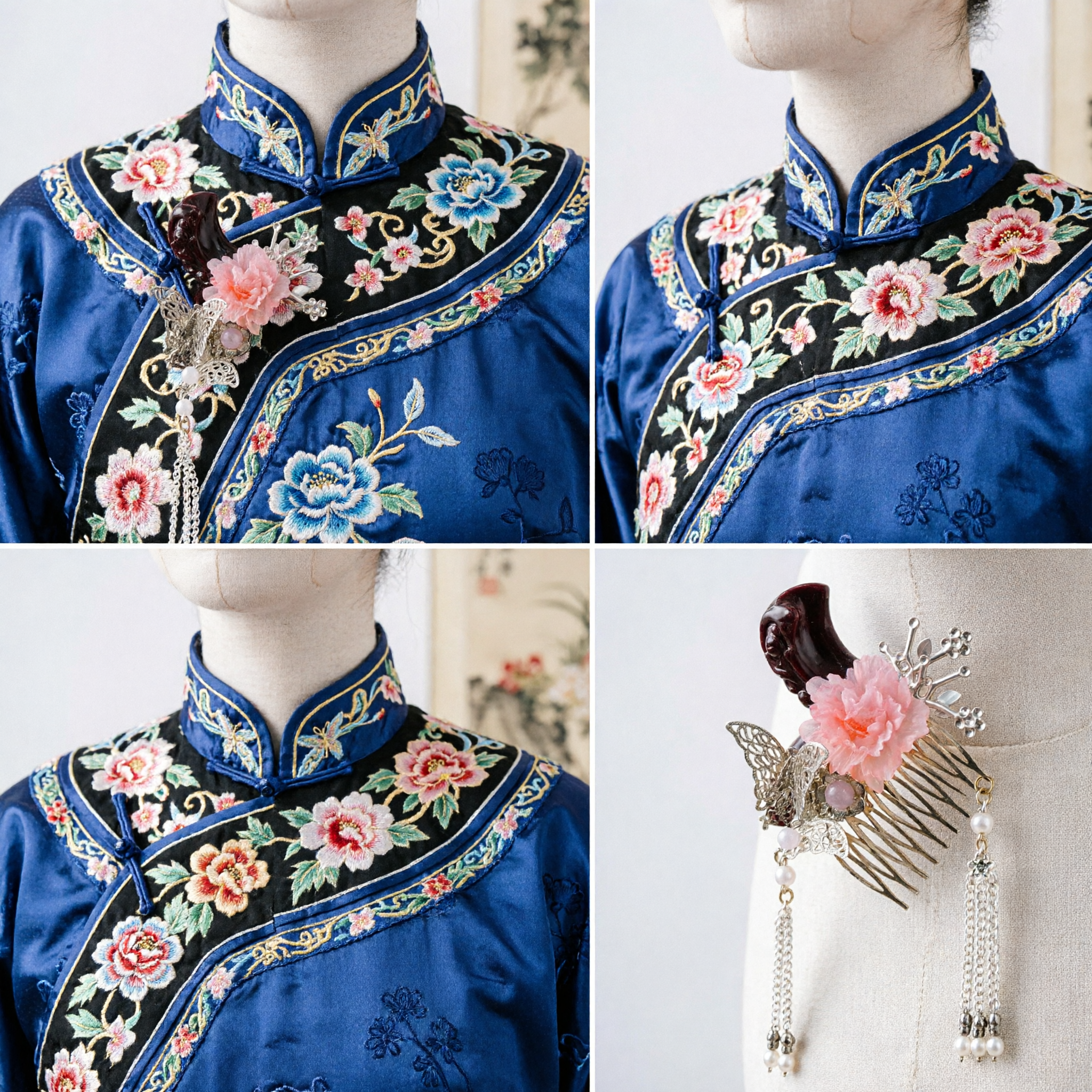 Tradycyjna chińska grzebień do włosów, srebrna spinka z motylem i różowym kwiatem dla kobiet, akcesorium ślubne Hanfu - Asian Costume