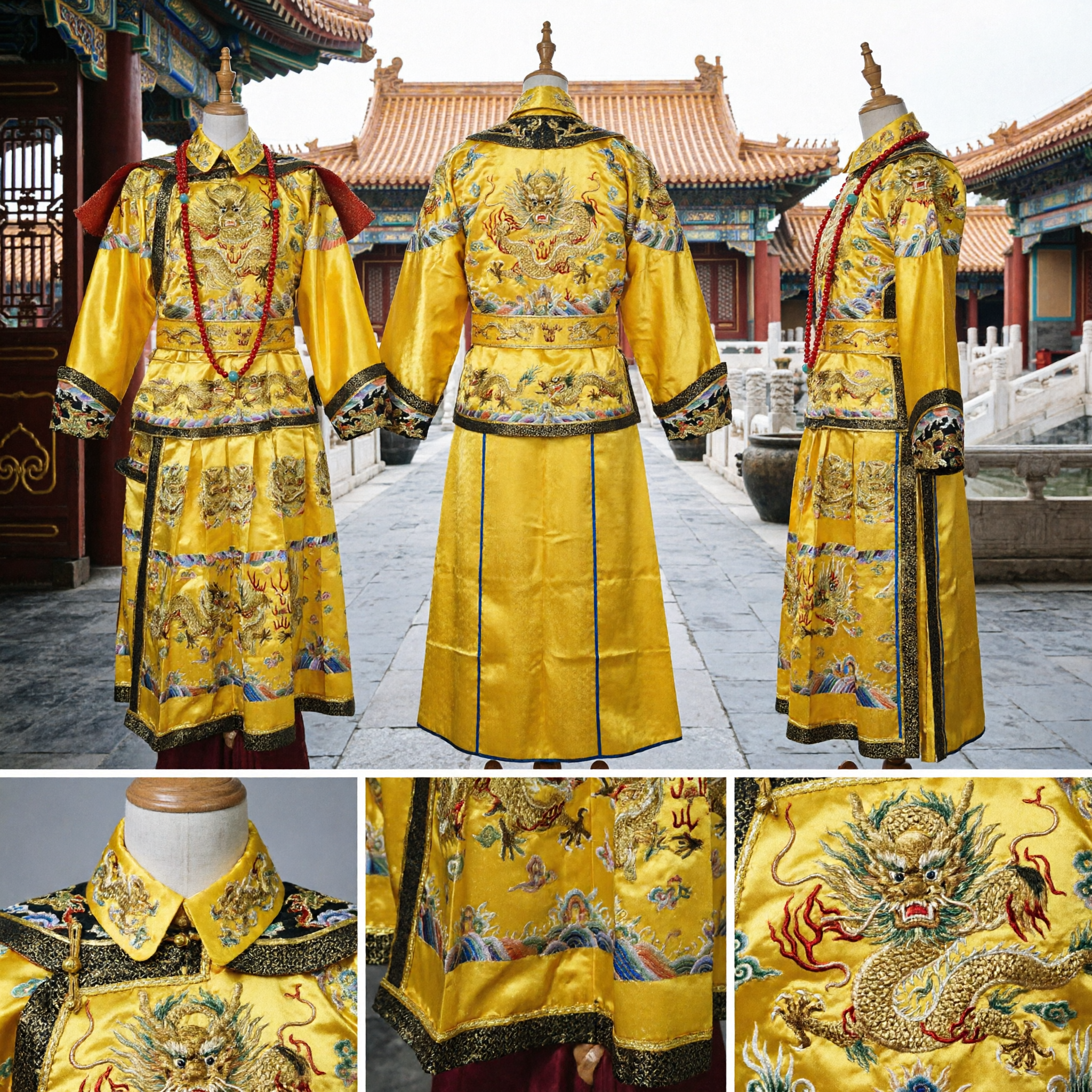 Compleet traditioneel Chinese keizer drakengewaad kostuum Qing-dynastie geel keizerlijke kleding heren cosplay podiumoptreden - Asian Costume
