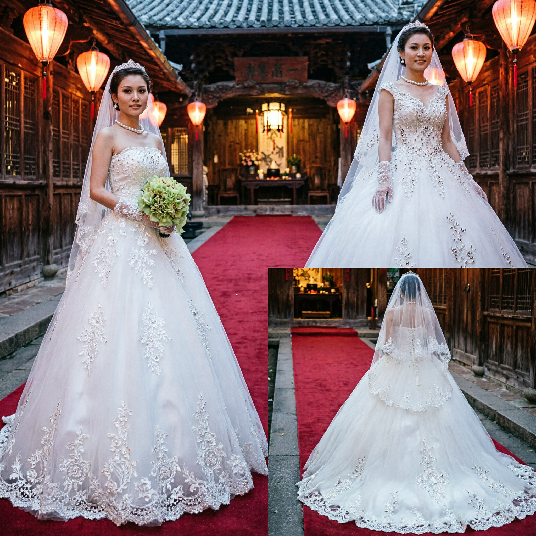 Elegantes weißes trägerloses Ballkleid-Hochzeitskleid mit gestaffelten Rüschen und langem Schleier für Bräute - Asian Costume