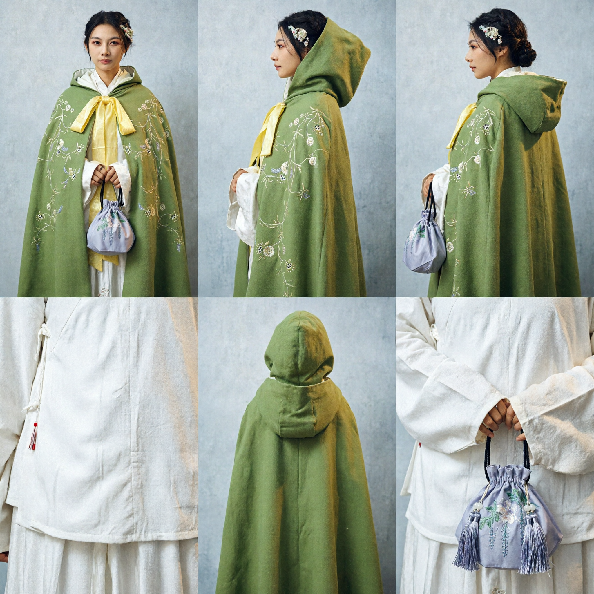 優雅な緑花柄刺繍漢服クローク フード付きケープ 伝統的中国冬アウター 女性用 - Asian Costume