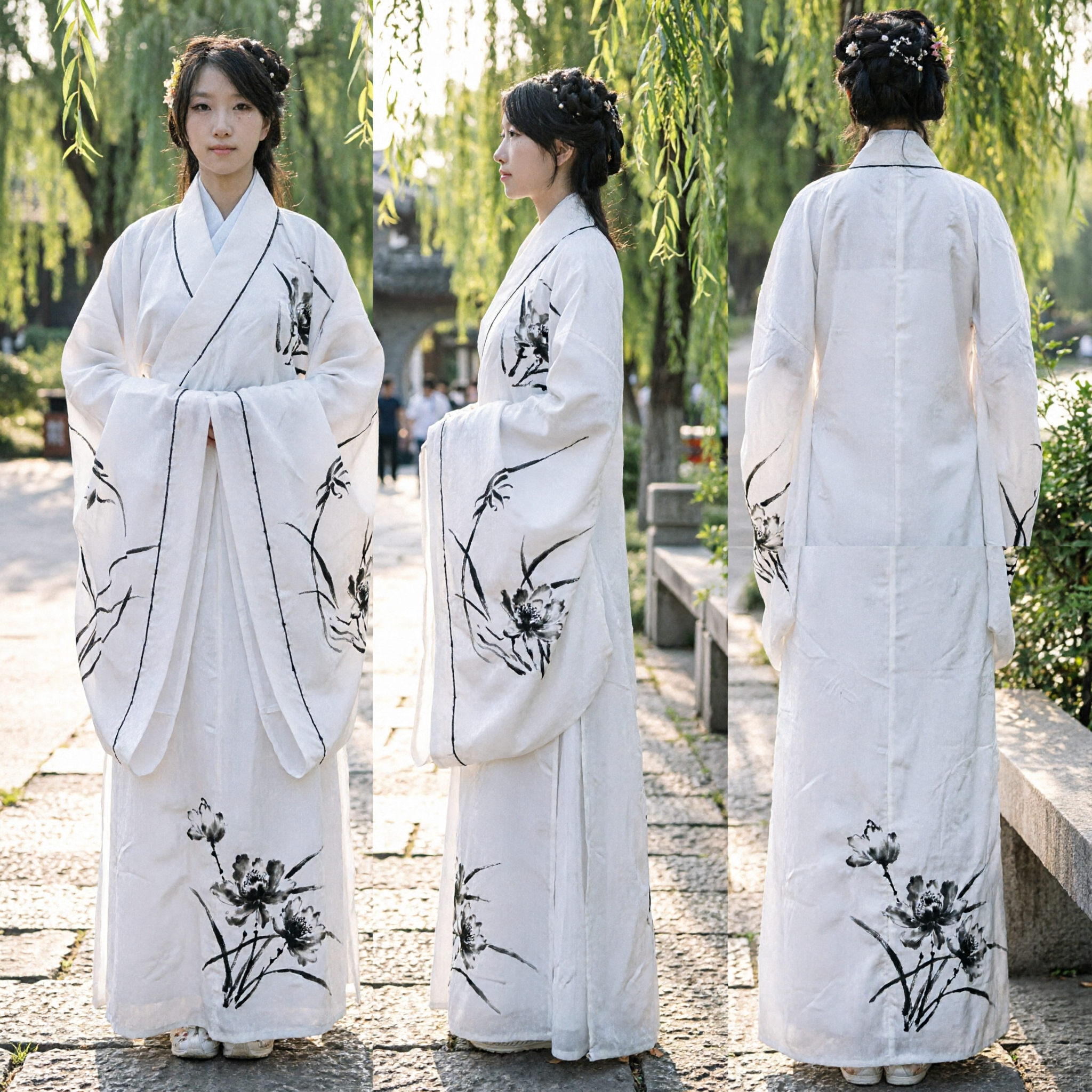 Robe traditionnelle chinoise Hanfu élégante blanche pour femmes à col croisé avec motif bambou à l'encre pour photographie - Asian Costume