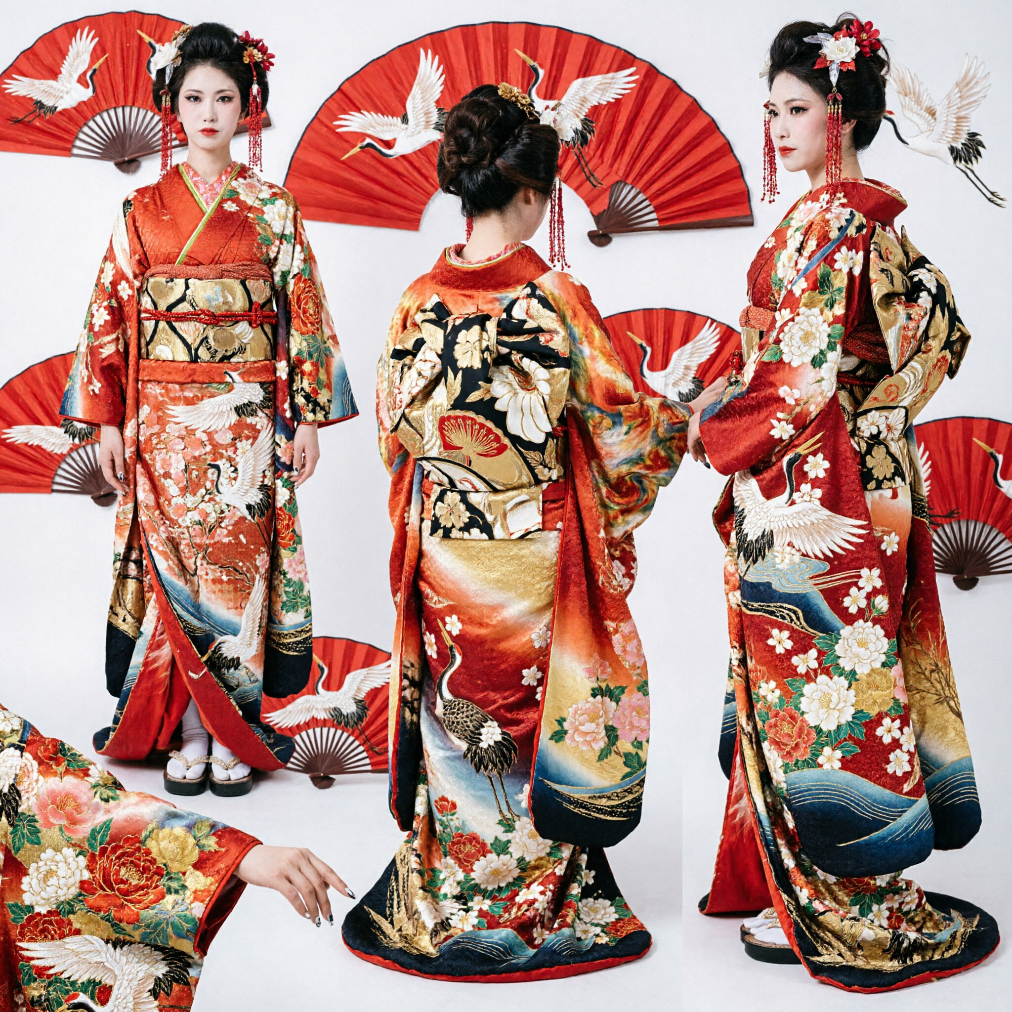 Tradycyjna czerwona azjatycka suknia ślubna Kimono ze złotymi wzorami kwiatowymi dla kobiet na wydarzenia kulturalne - Asian Costume
