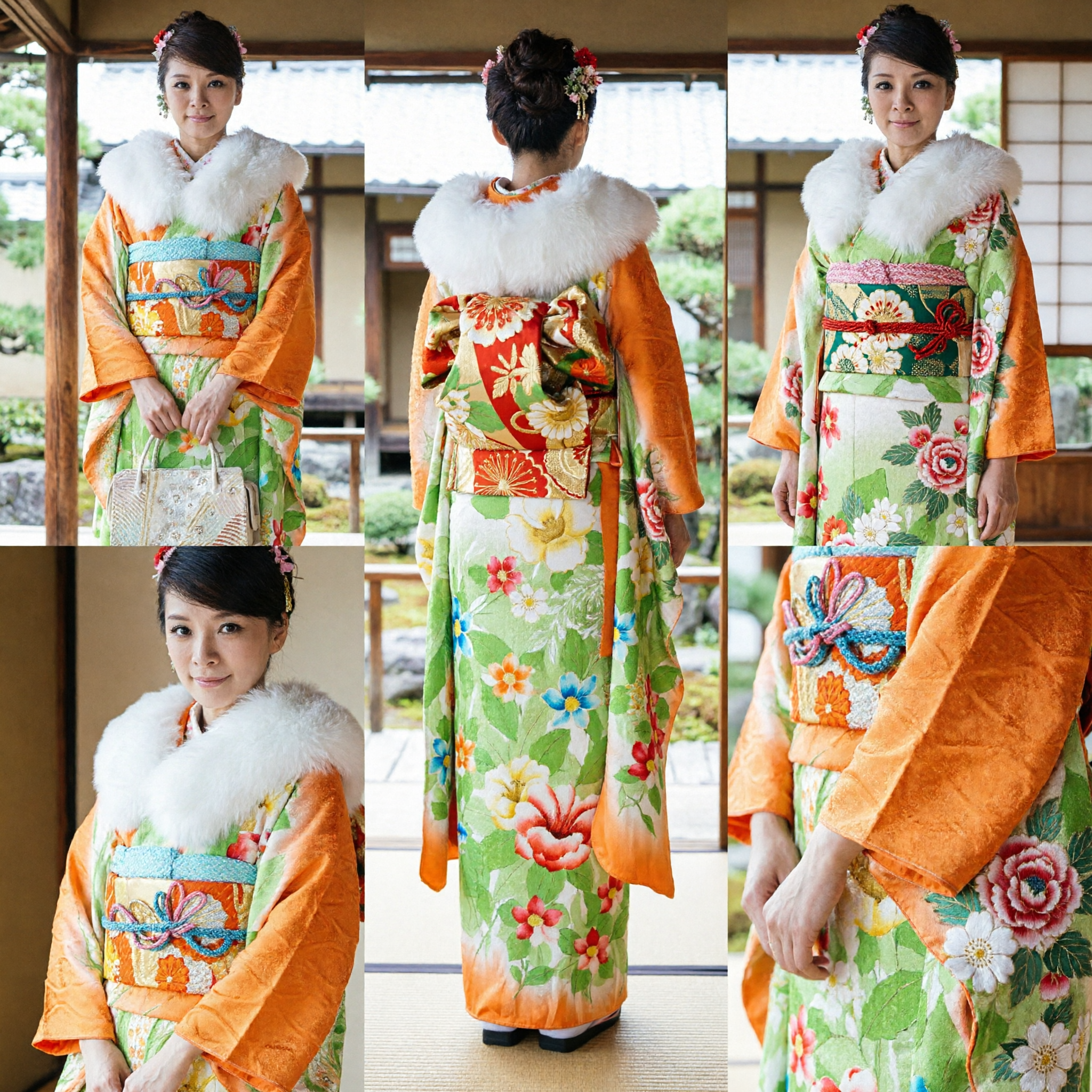 オレンジと緑の花柄プリントと白毛皮ストール付きの優雅な伝統的日本女性用振袖 - Asian Costume