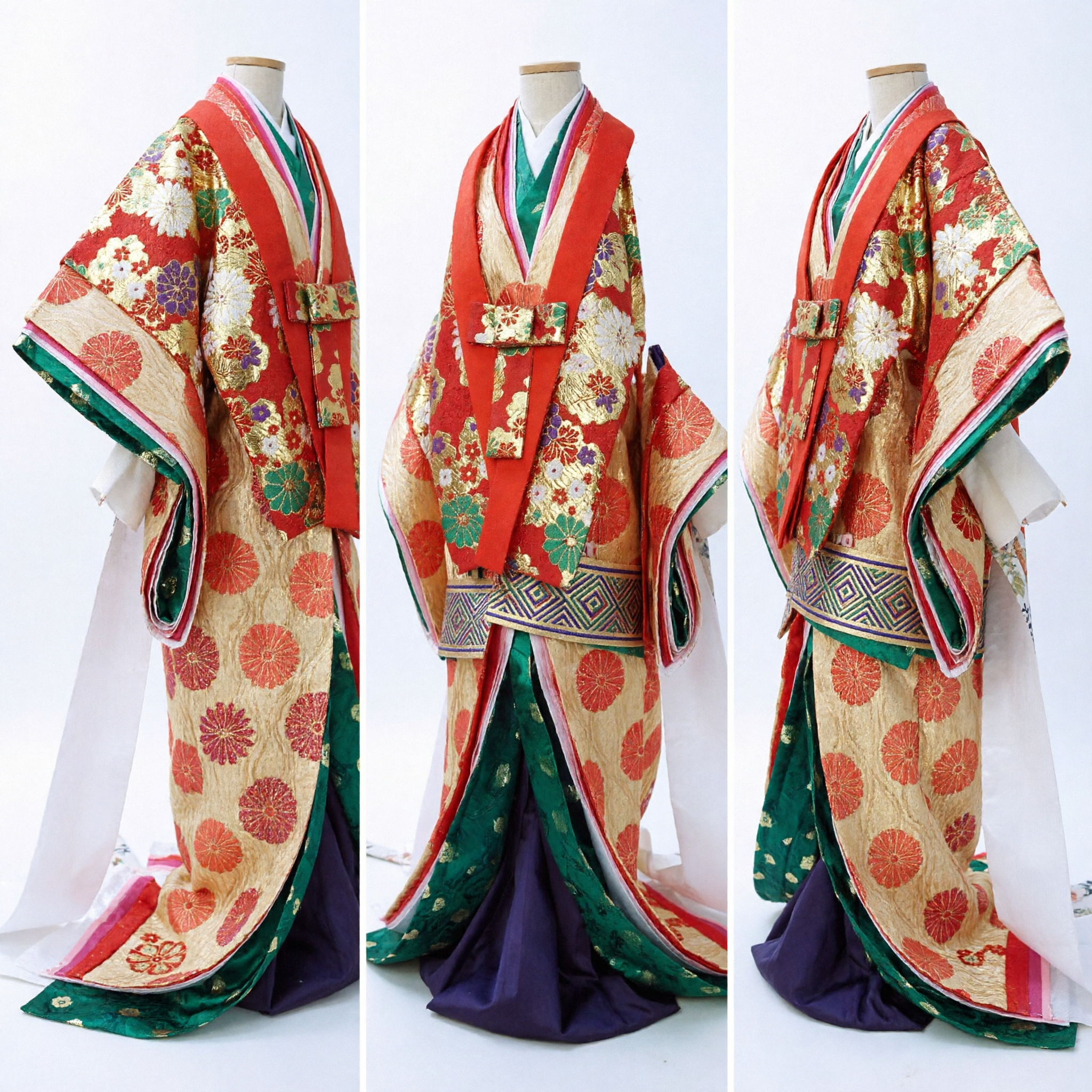 Costume Kimono Giapponese Tradizionale Rosso con Motivo Floreale Dorato Abito da Dama di Corte per Bambini Esposizione Festival - Asian Costume