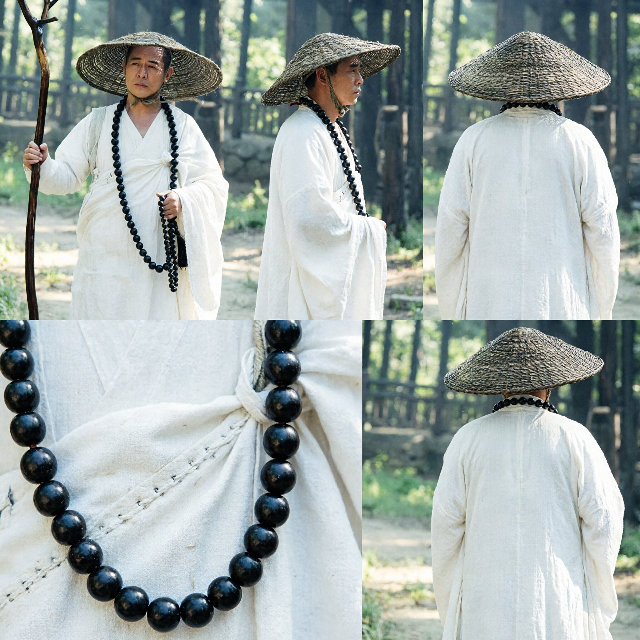 Men's Traditional Chinese Monk Robe Costume Set with Bamboo Hat and Prayer Beads for Kung Fu Performance - Asian Costume