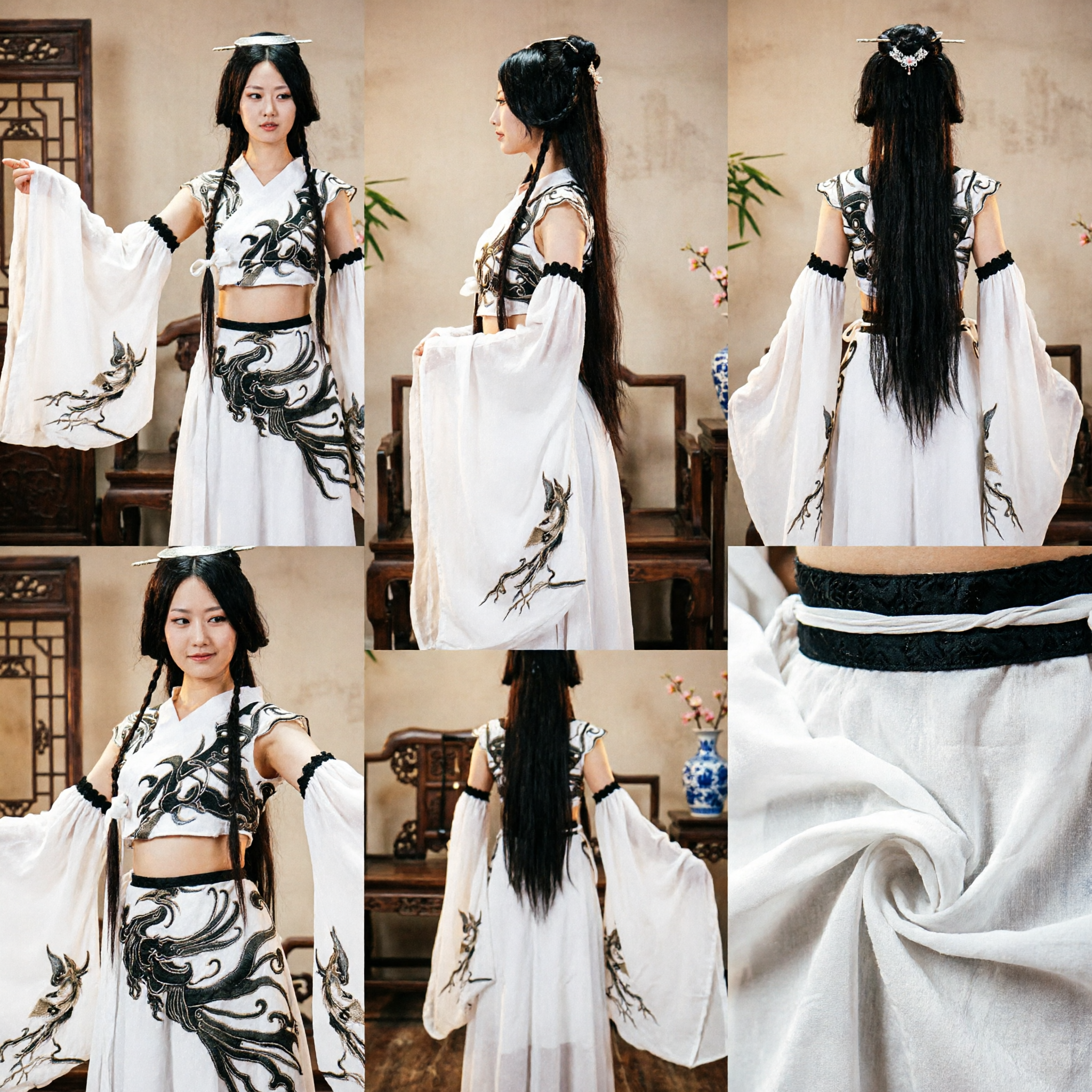 Elegant White Ancient Chinese Hanfu Costume with Black Embroidery for Women Cosplay and Stage Performance - Asian Costume