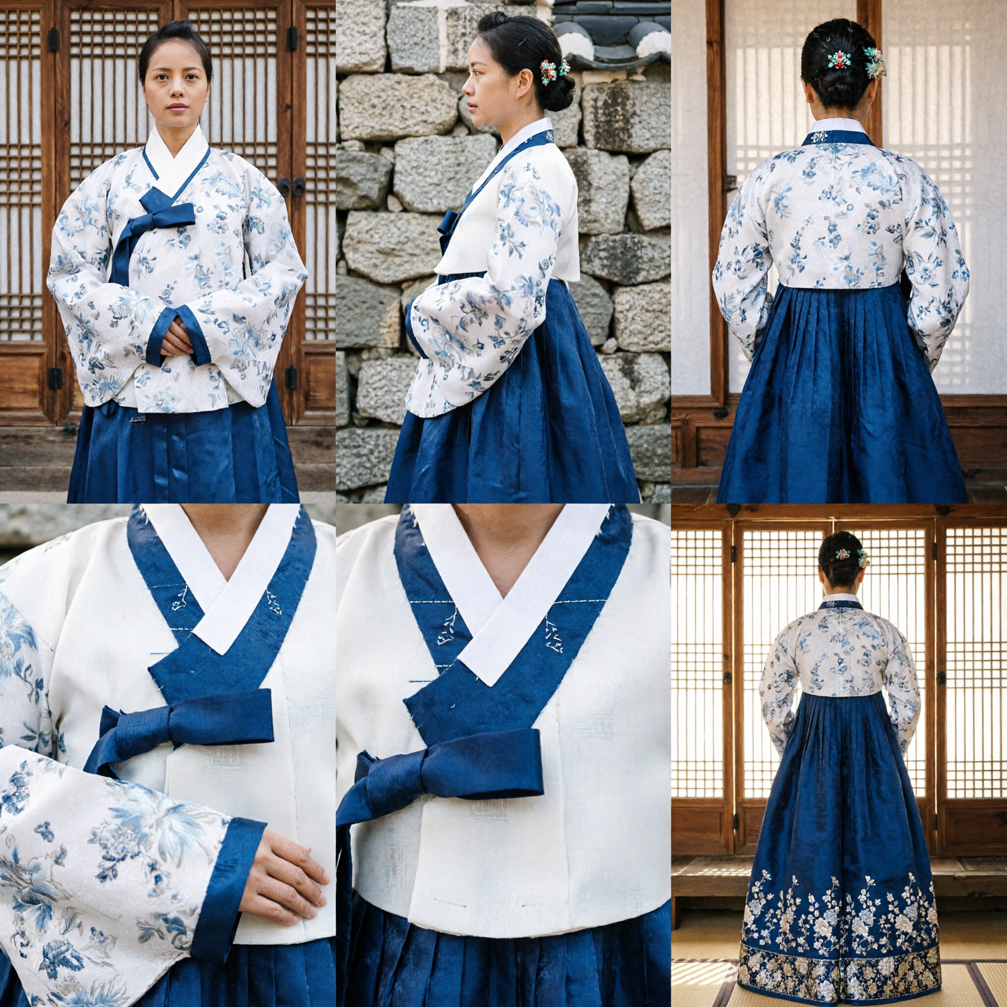 Starożytny koreański tradycyjny kostium Hanbok dla kobiet z niebieskim kwiatowym Jeogori i ciemnoniebieską spódnicą Chima - Asian Costume