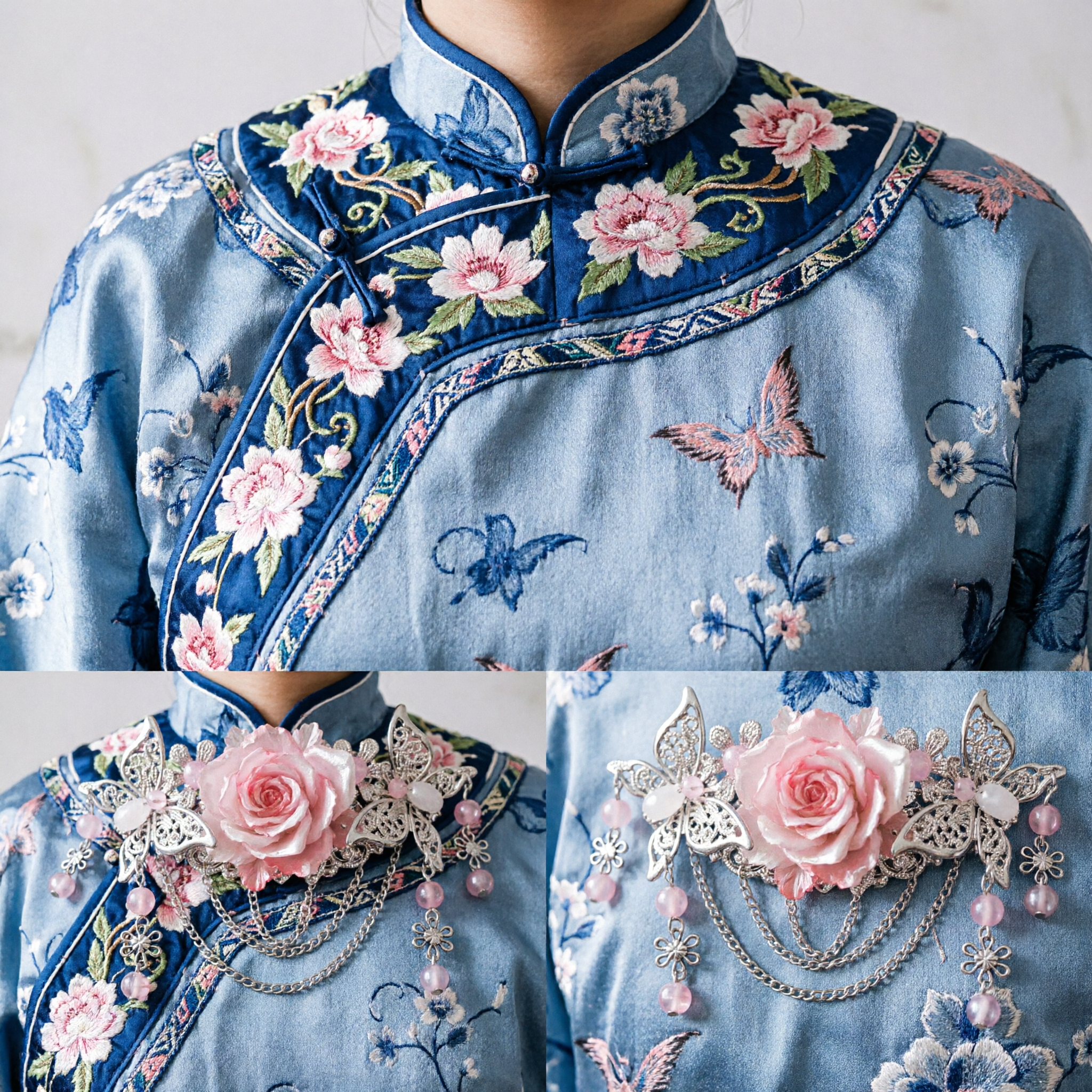 Fermaglio per Capelli Tradizionale Cinese Hanfu Farfalla Rosa con Rosa in Metallo Argentato Accessorio per Matrimoni e Cosplay per Donne - Asian Costume