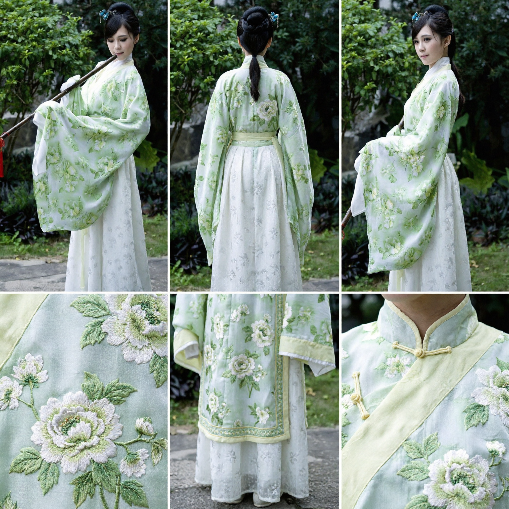 Hanfu Verde Elegante com Flores, Traje Tradicional Chinês Antigo, Robe de Manga Larga para Mulheres, Performance Cultural - Asian Costume