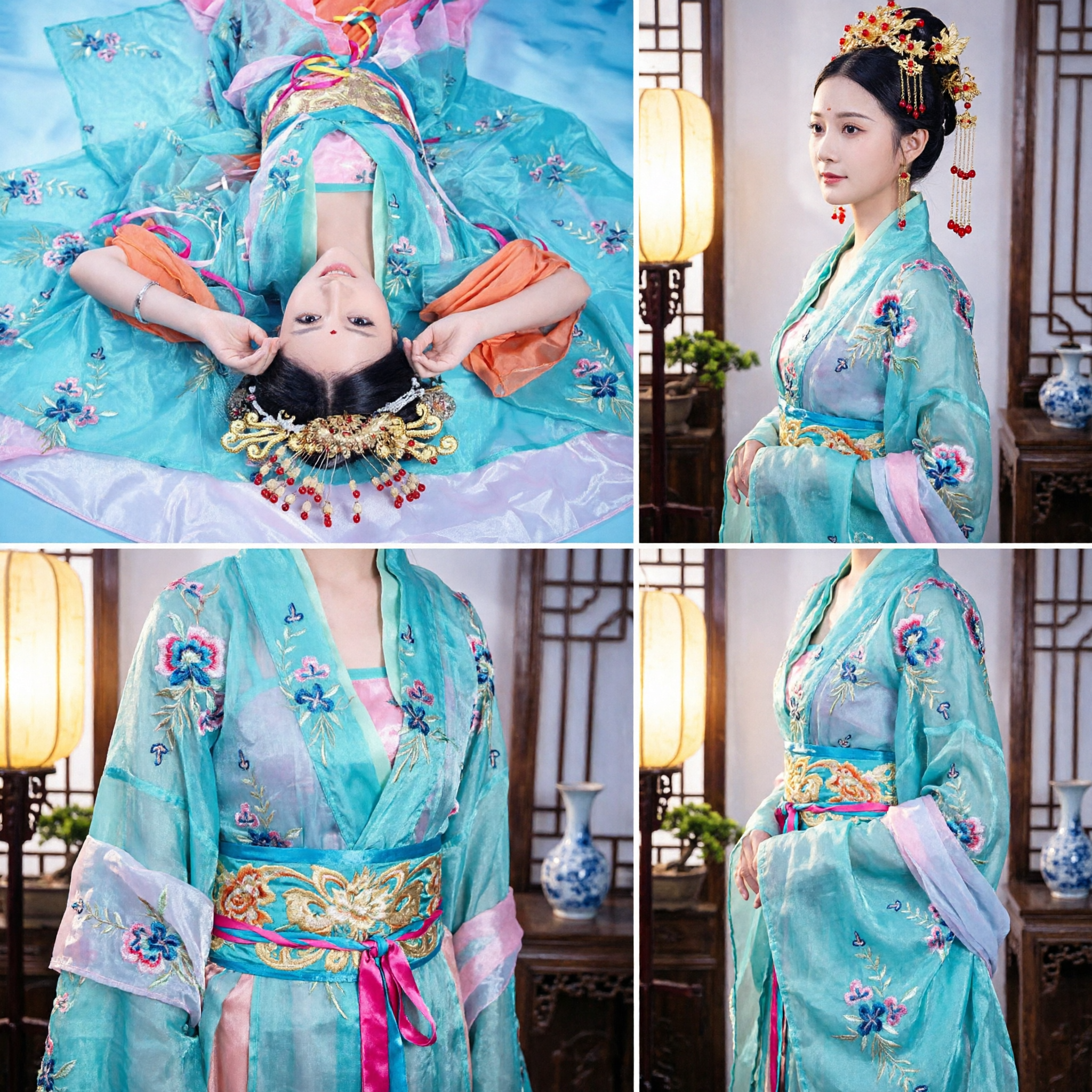 여성용 전통 중국 한푸 당나라 둔황 비천 무용 의상 청색과 주황색 앙상블 - Asian Costume