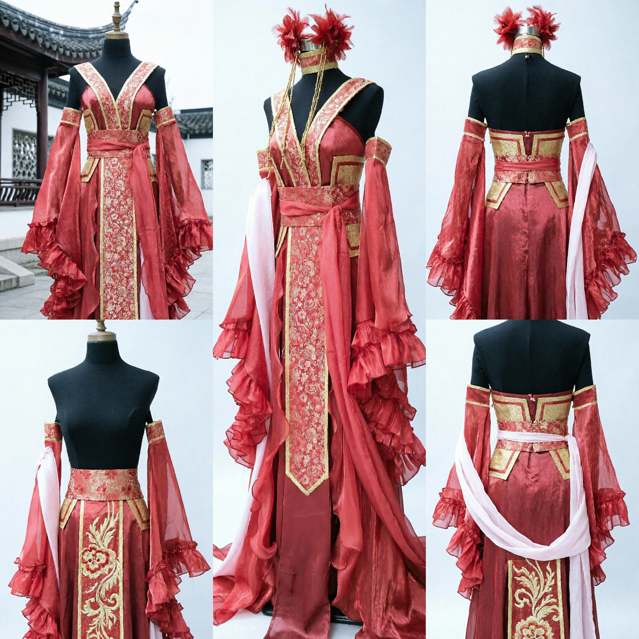 Esclusivo Abito Hanfu Tradizionale Cinese Rosso con Ricami in Oro Costume Antico da Palazzo per Donne per Cosplay - Asian Costume
