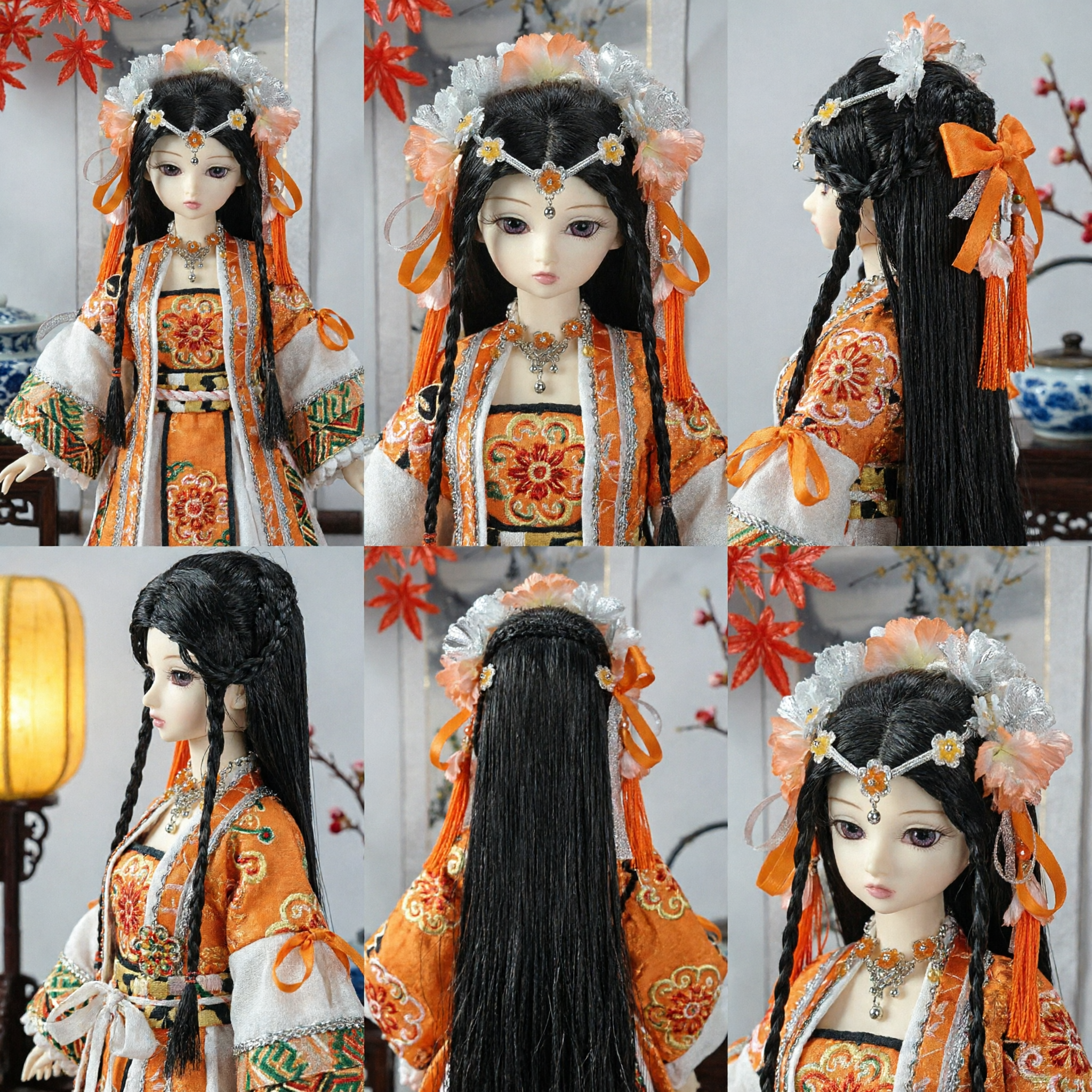 Traditionelle chinesische Prinzessinnen-Haube für Puppen Antiker Hanfu-Haarschmuck Orangen-Blumen-Kronen-Set für BJD-Sammler - Asian Costume