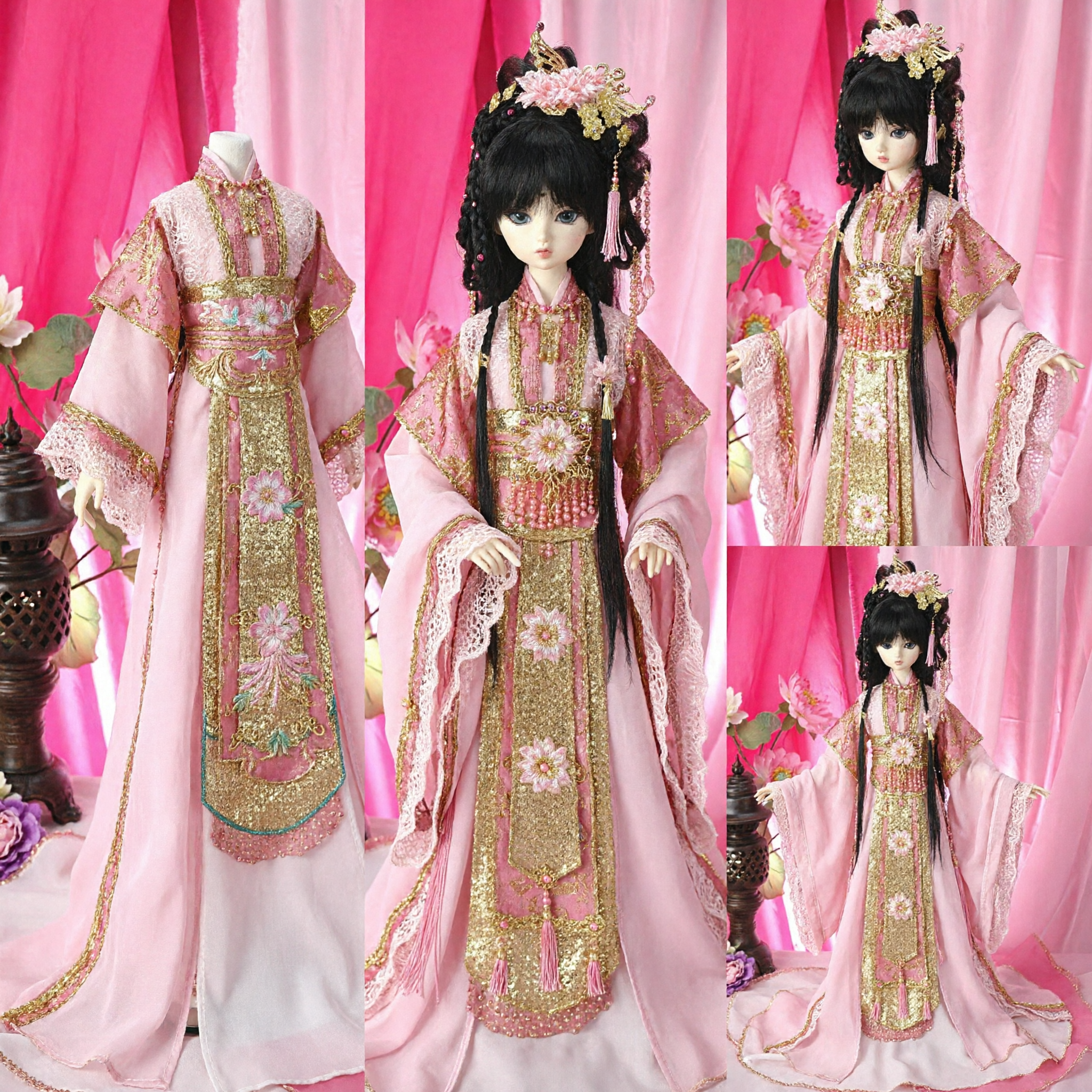 Traditioneel Chinees Roze Hanfu Prinsessenkostuum voor Poppen met Goud Borduurwerk en Antieke Haaraccessoires - Asian Costume