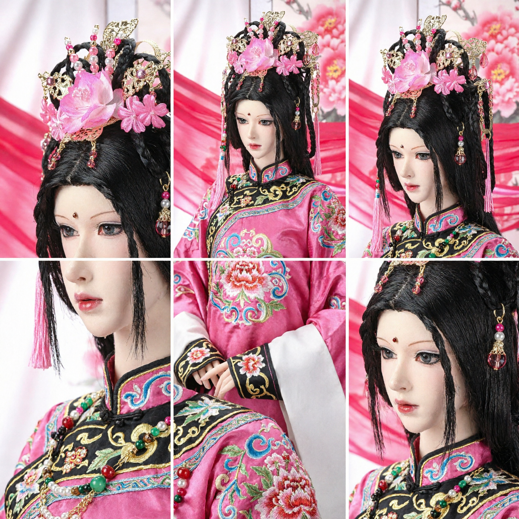 Traditioneller chinesischer antiker Prinzessinnen-Haarschmuck Rosa Blumen-Haube Hanfu-Kronen-Set für Frauen Hochzeits-Cosplay - Asian Costume