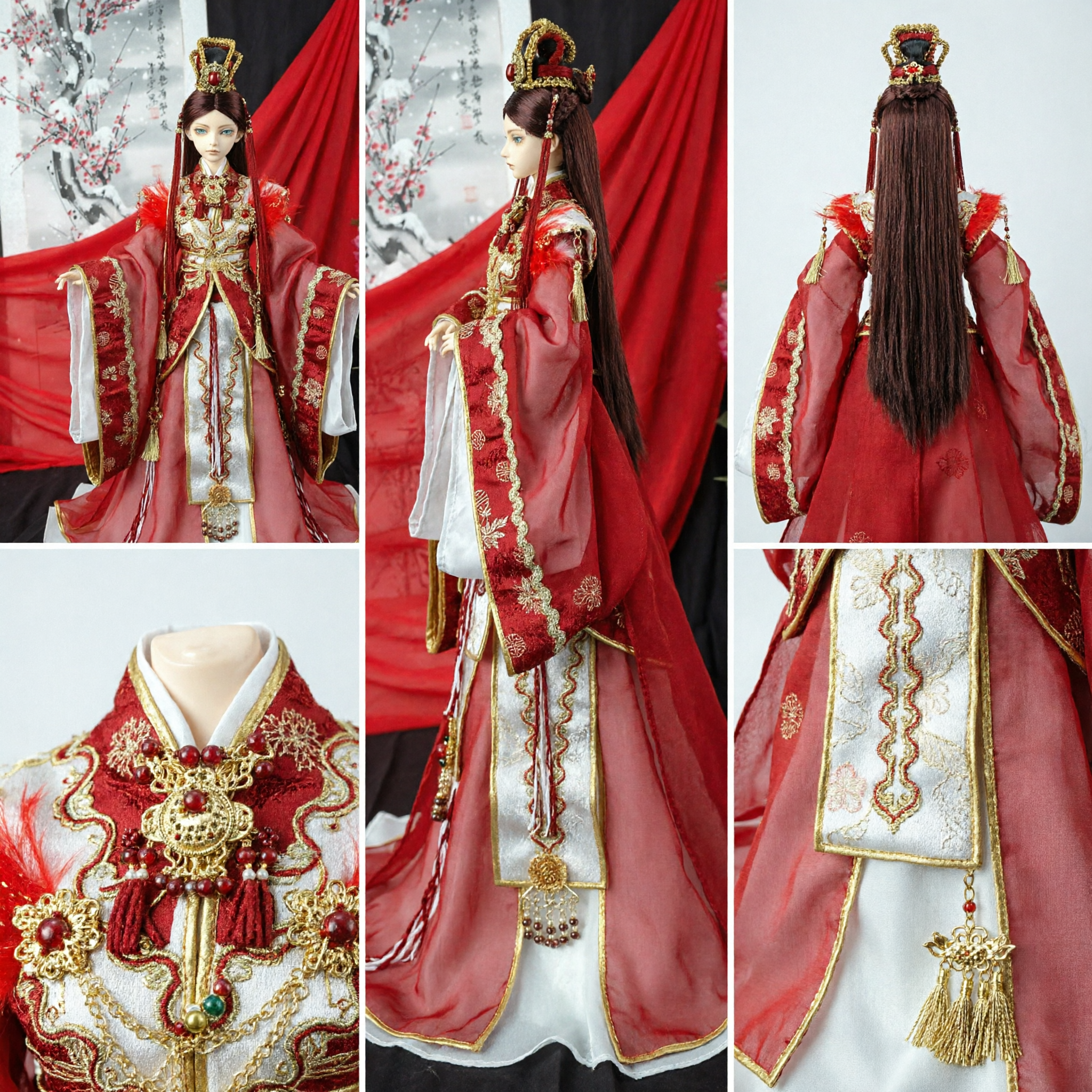 Abito da Sposa Hanfu Cinese Tradizionale Rosso con Ricamo Oro e Corona Fenice per Cosplay Donne - Asian Costume