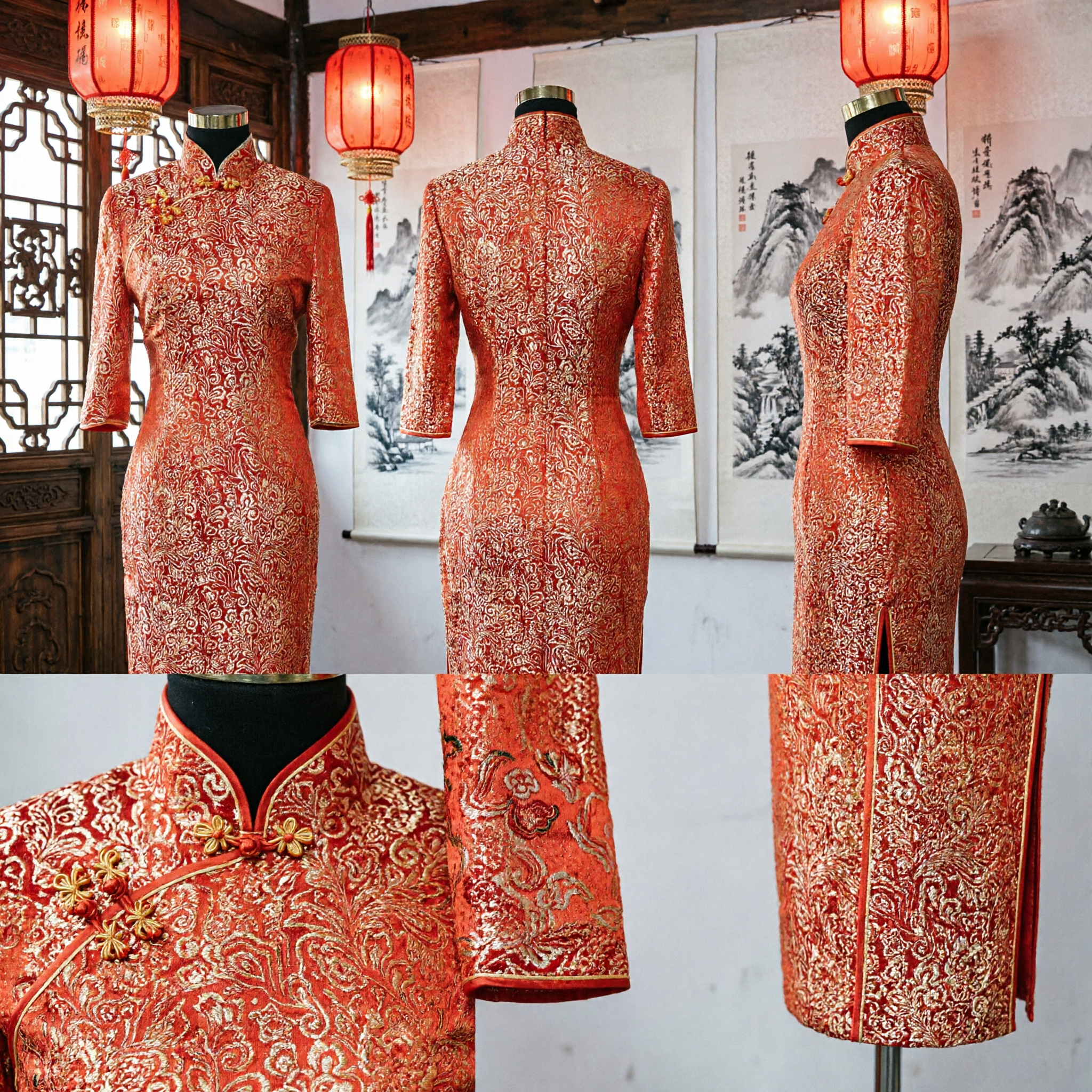 Elegante Vestido Qipao Cheongsam Chinês Vermelho Brocado Dourado Vestido Longo Tradicional para Banquete de Casamento e Uso Formal - Asian Costume