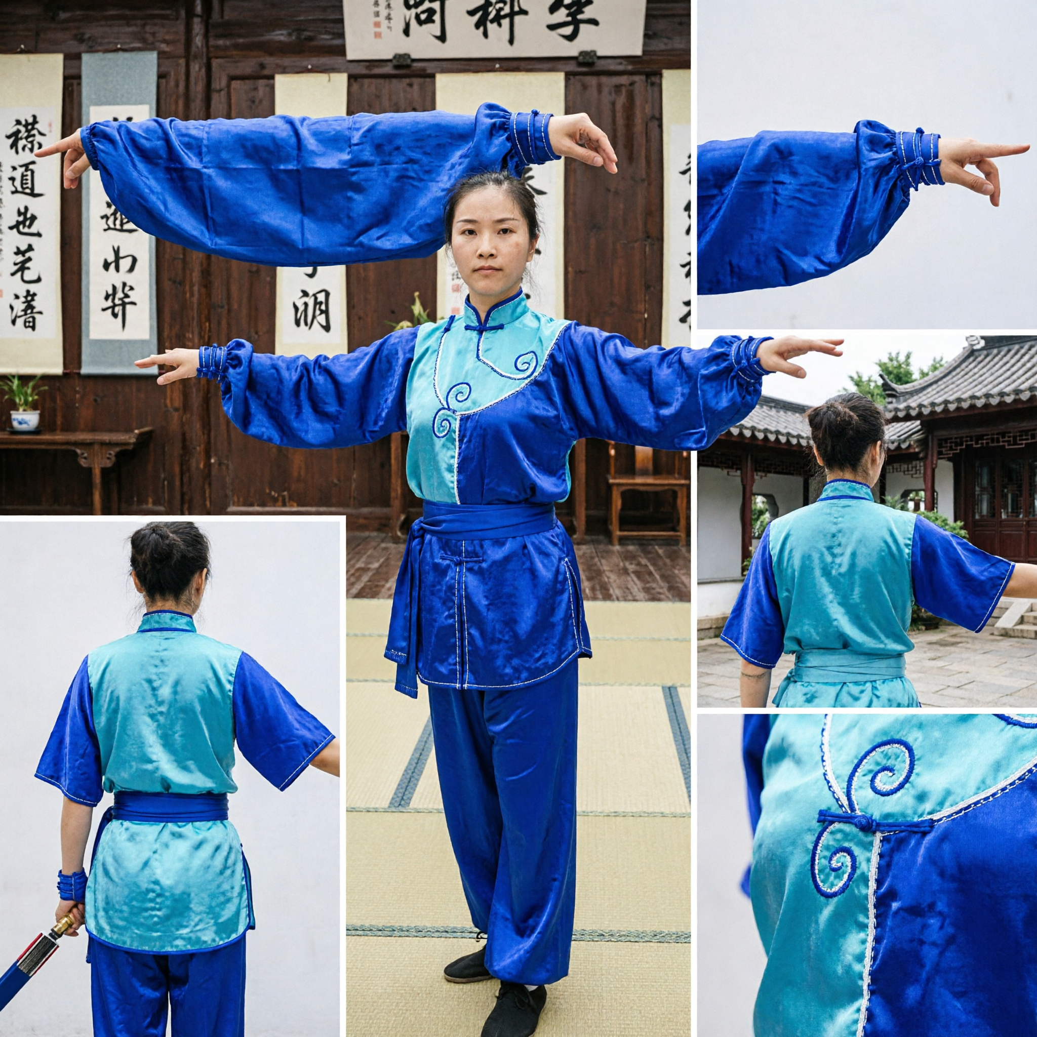 Uniforme Wushu Kung Fu Tradicional Profissional Feminino Azul de Seda Traje de Performance de Artes Marciais para Competição - Asian Costume