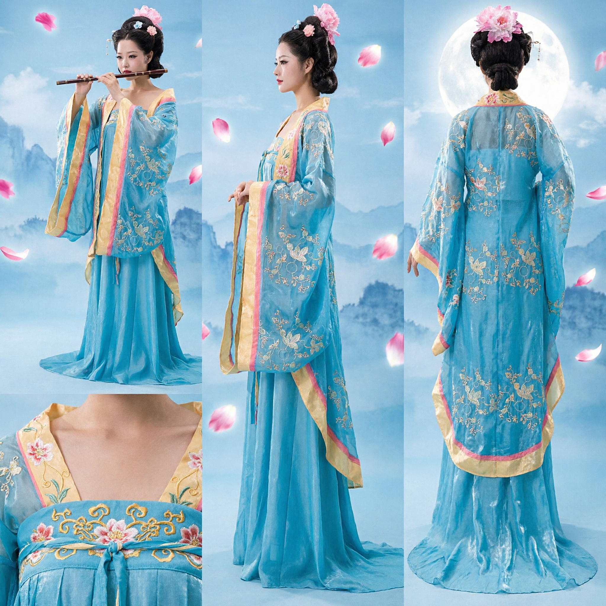 Traje Hanfu Azul Tradicional Chino Vestido Bordado de Dama de Palacio de la Dinastía Tang para Presentaciones de Danza para Mujer - Asian Costume