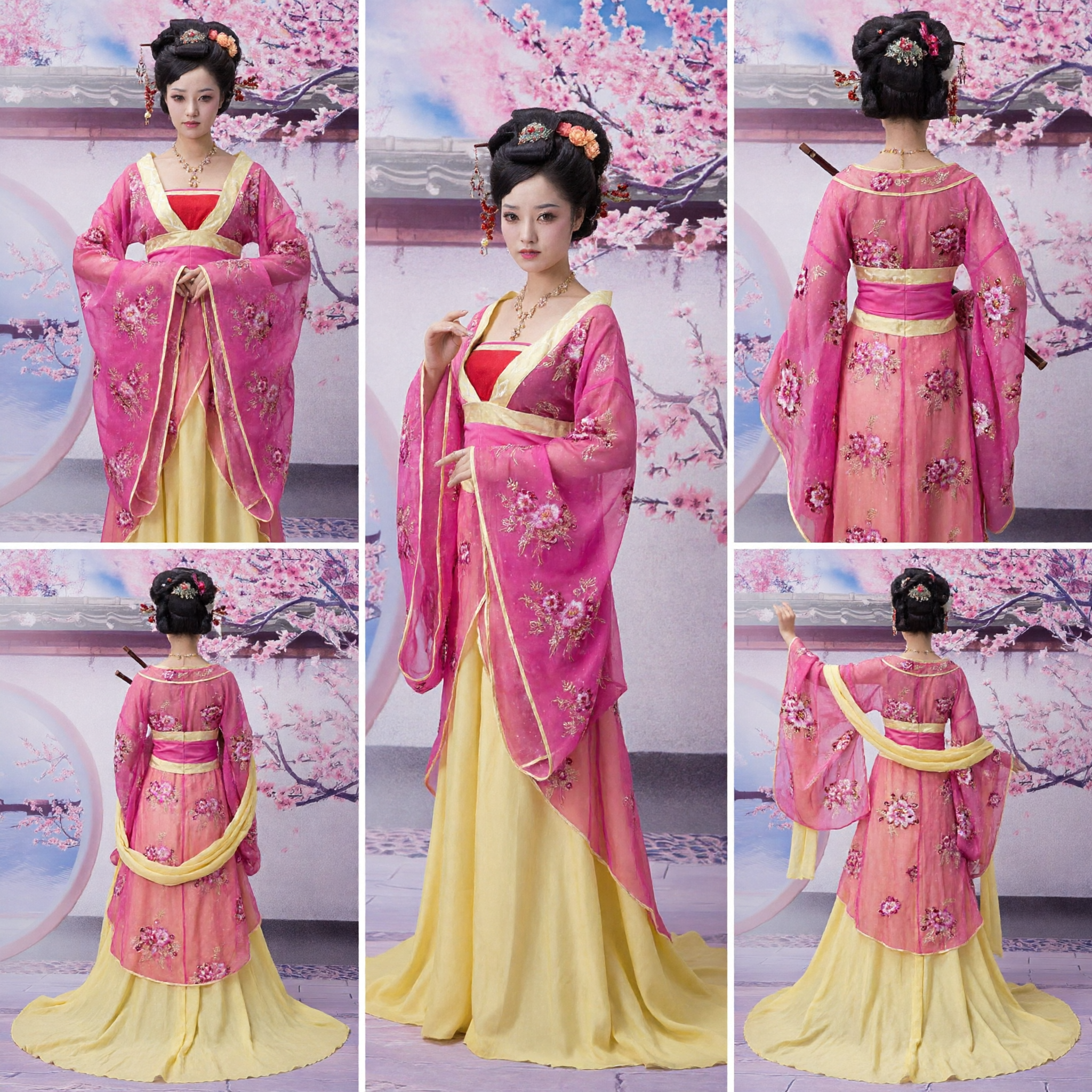 Traje Hanfu da Dinastia Tang Chinesa Antiga Robe Bordado com Flores Rosas e Saia Amarela para Mulheres - Asian Costume