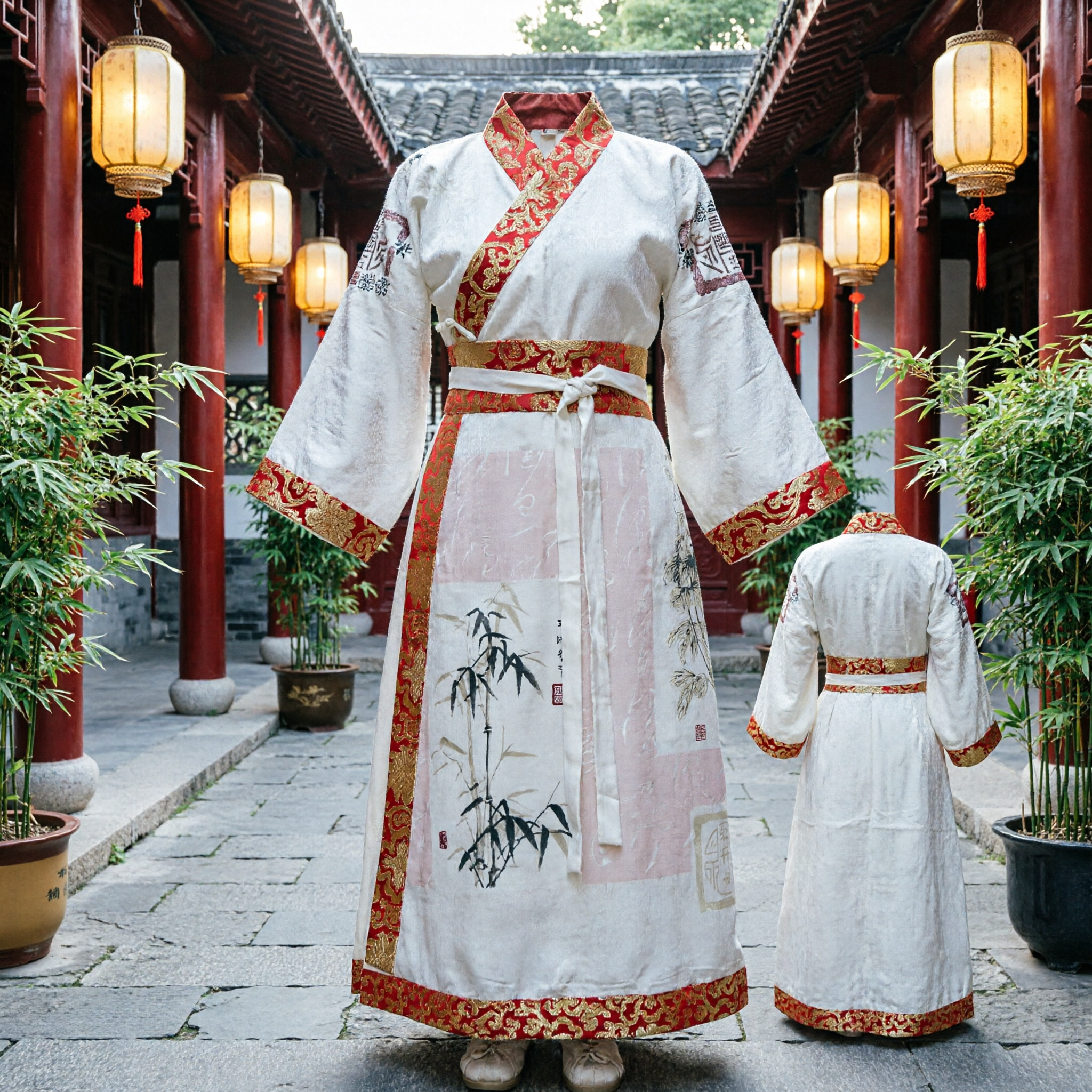 Robe Hanfu chinoise traditionnelle blanche à col croisé avec garniture en brocart rouge et or et impression de bambou à l'encre pour performance culturelle - Asian Costume