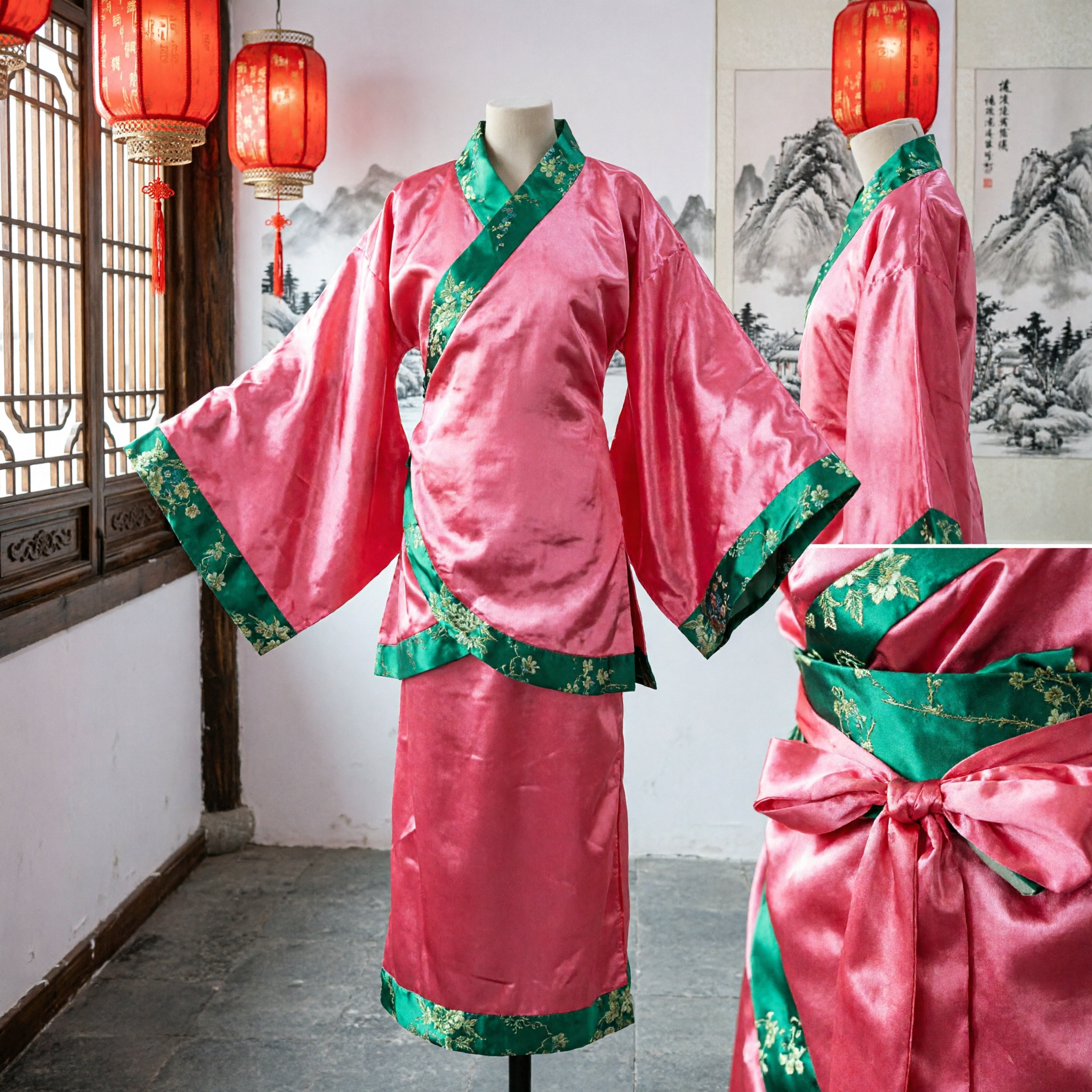 Hanfu Chino Tradicional, Traje Antiguo, Túnica de Satén Rosa con Ribete Floral Verde para Mujer, para Representación Cultural - Asian Costume
